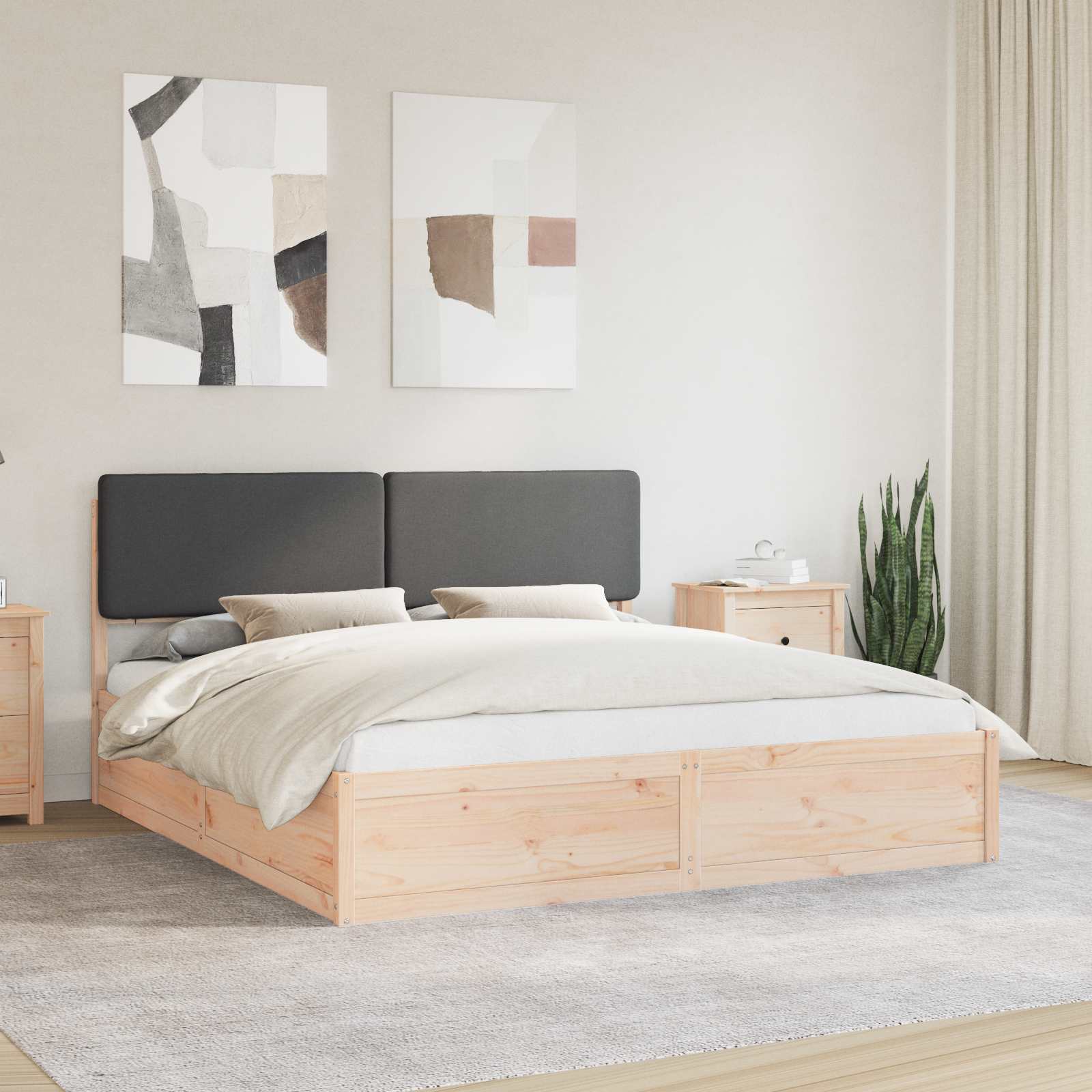 Dark Grey King Bed Frame Upholstered Headboard Solid Pine Wood Platform Bed