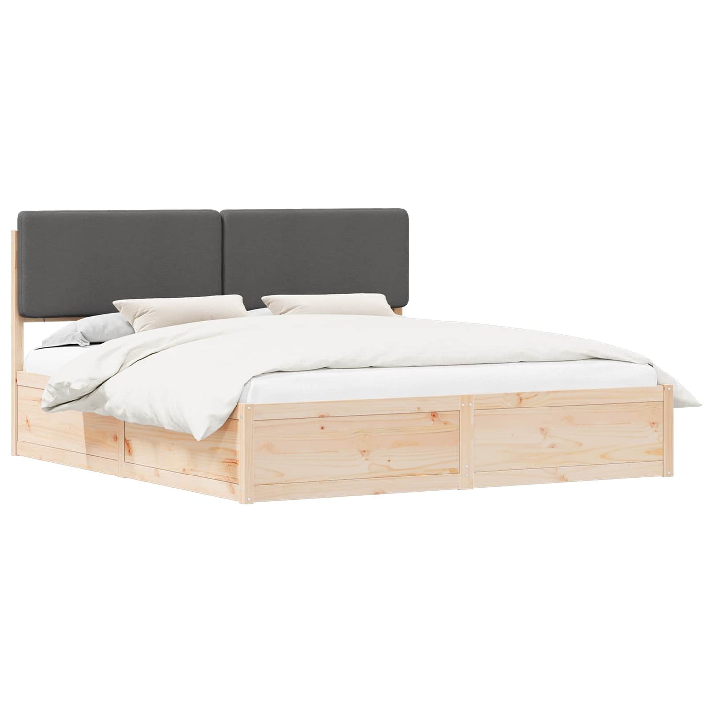 Dark Grey King Bed Frame Upholstered Headboard Solid Pine Wood Platform Bed