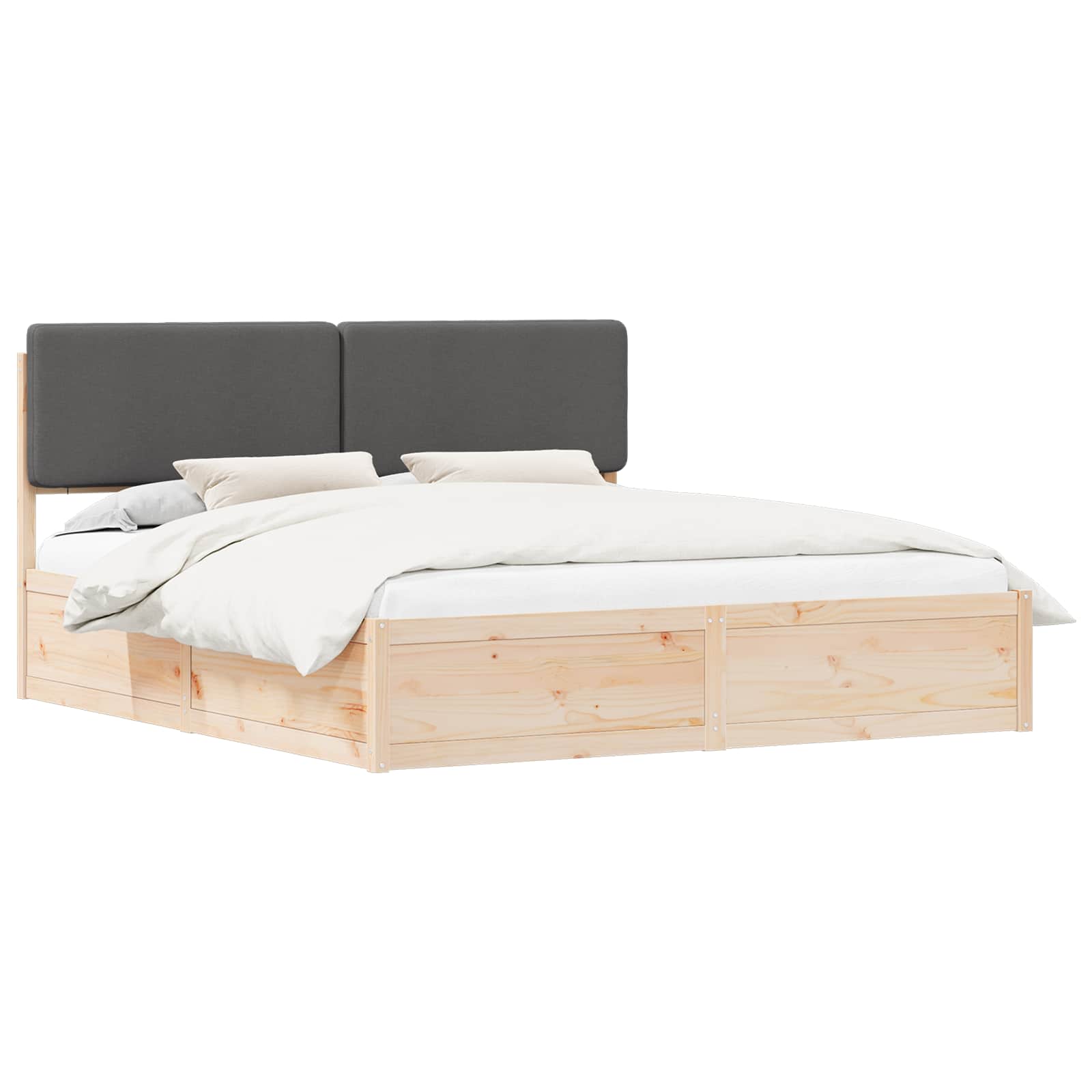 Dark Grey King Bed Frame Upholstered Headboard Solid Pine Wood Platform Bed