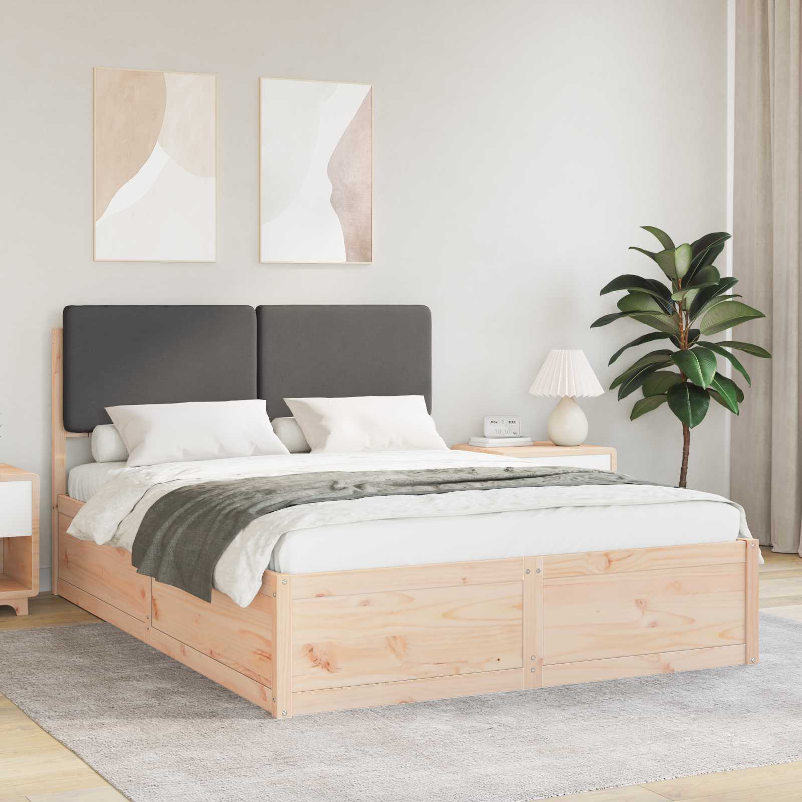 Queen Size Dark Grey Bed Frame with Washable Upholstered Headboard