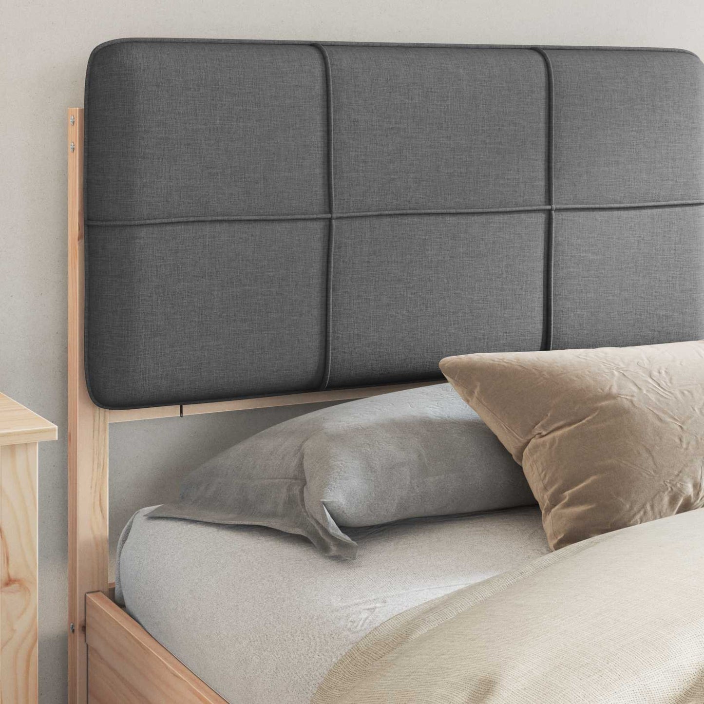 King Bed Frame Dark Grey Upholstered Headboard Solid Pine Wood Platform Bed