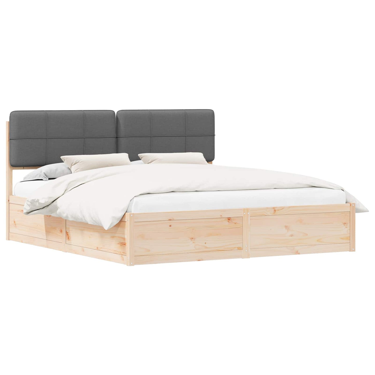 King Bed Frame Dark Grey Upholstered Headboard Solid Pine Wood Platform Bed