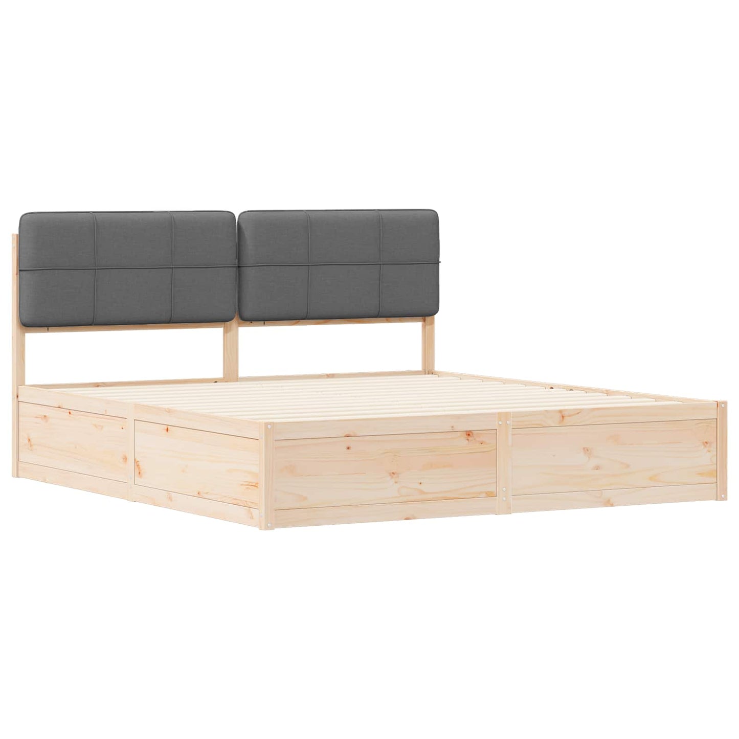 King Bed Frame Dark Grey Upholstered Headboard Solid Pine Wood Platform Bed