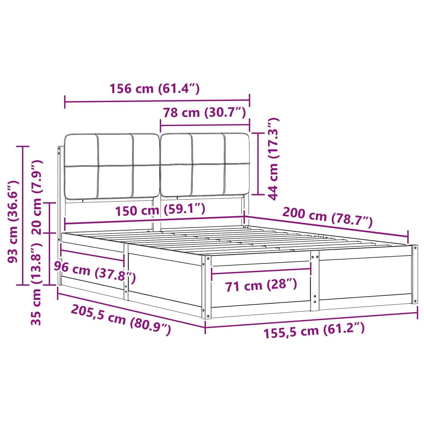Queen Size Bed Frame with Upholstered Headboard and Slatted Base Dark Grey