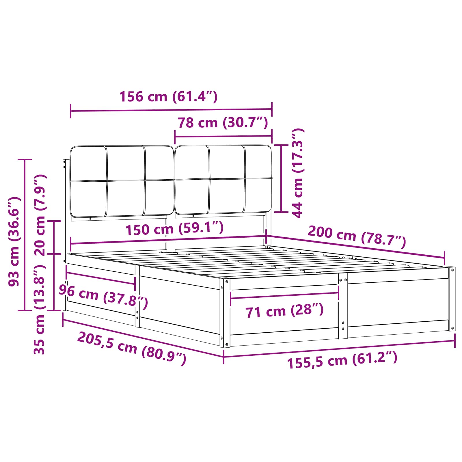 Queen Size Bed Frame with Upholstered Headboard and Slatted Base Dark Grey