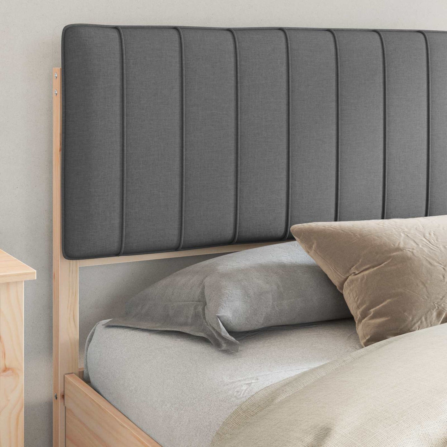 Dark Grey Bed Frame Upholstered Headboard Solid Pine Wood Platform King Size