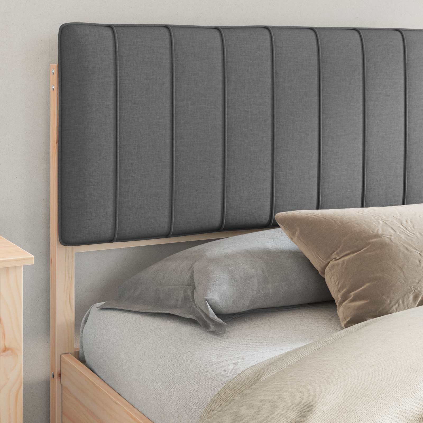 Dark Grey Bed Frame Upholstered Headboard Solid Pine Wood Platform King Size