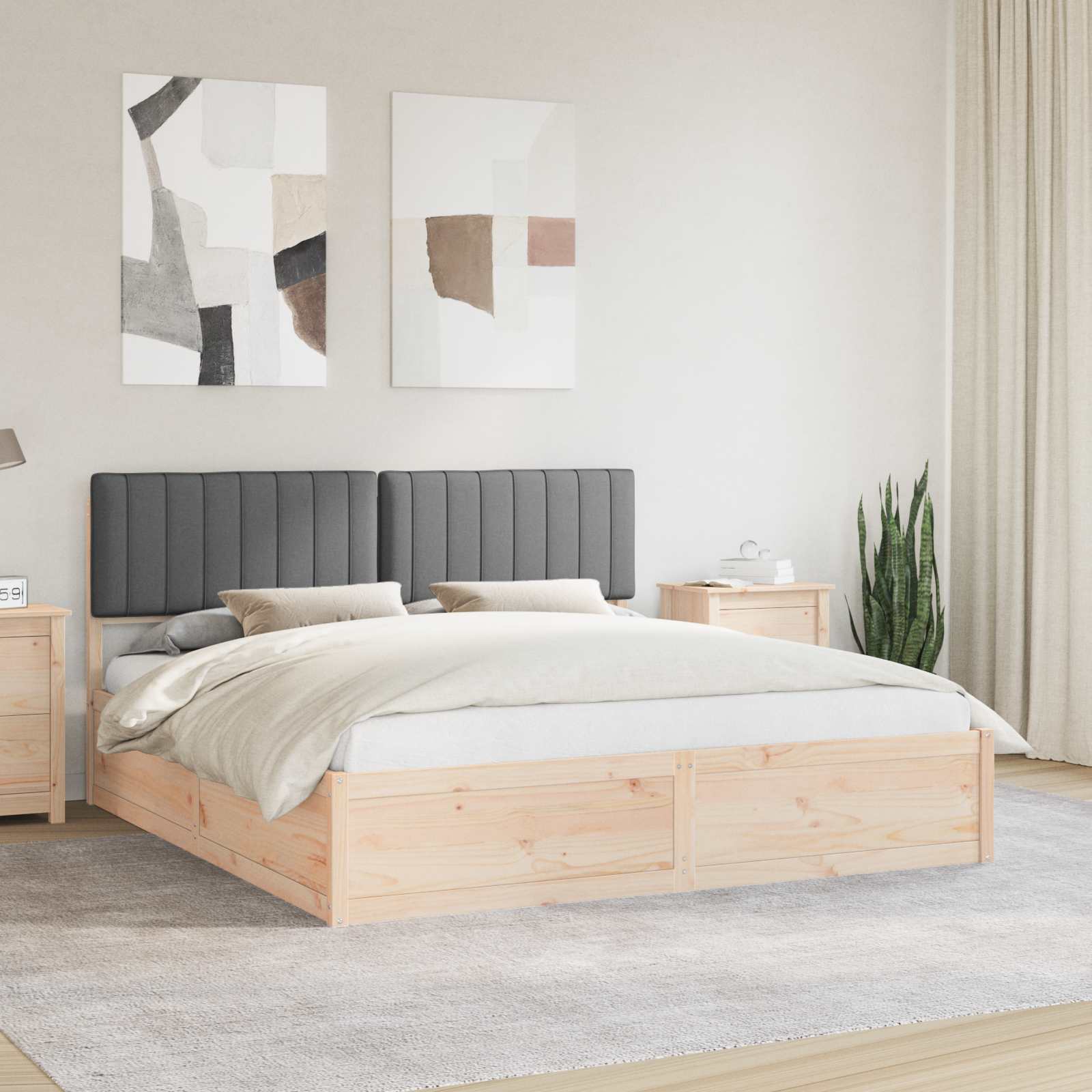 Dark Grey Bed Frame Upholstered Headboard Solid Pine Wood Platform King Size
