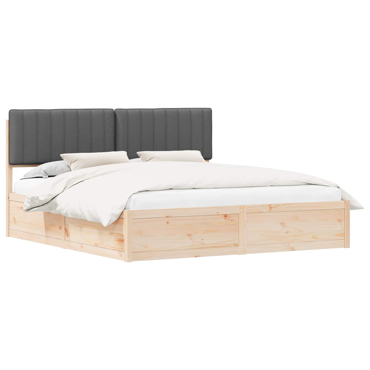 Dark Grey Bed Frame Upholstered Headboard Solid Pine Wood Platform King Size