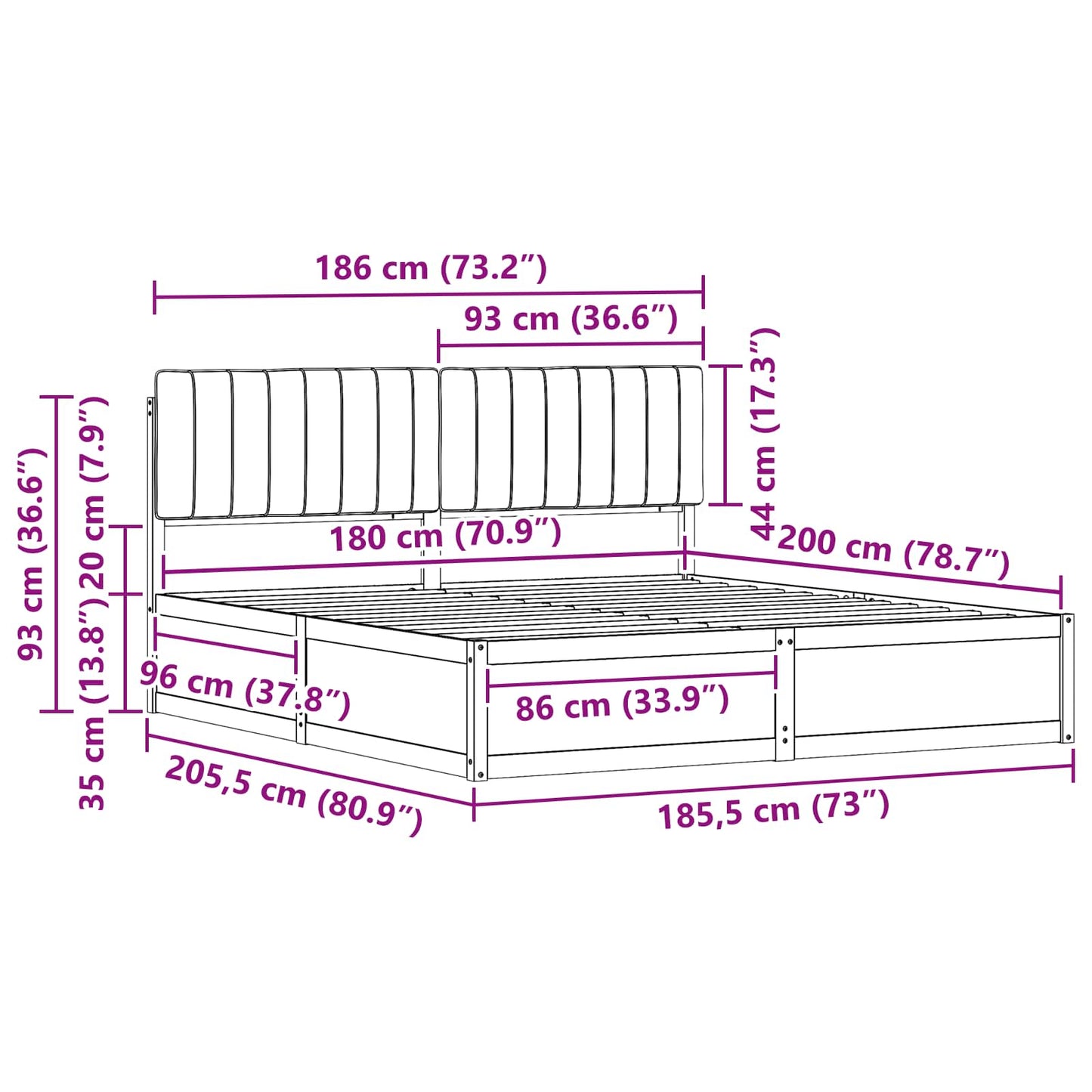 Dark Grey Bed Frame Upholstered Headboard Solid Pine Wood Platform King Size