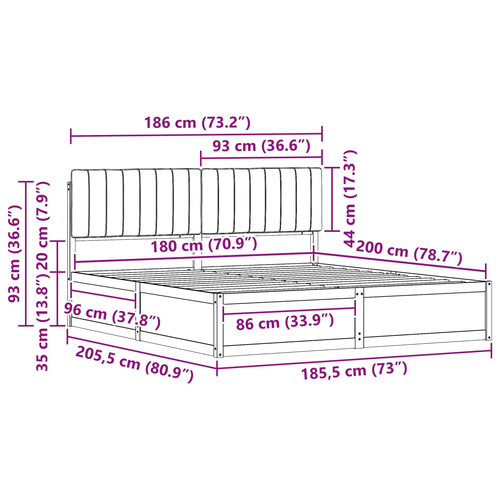 Dark Grey Bed Frame Upholstered Headboard Solid Pine Wood Platform King Size
