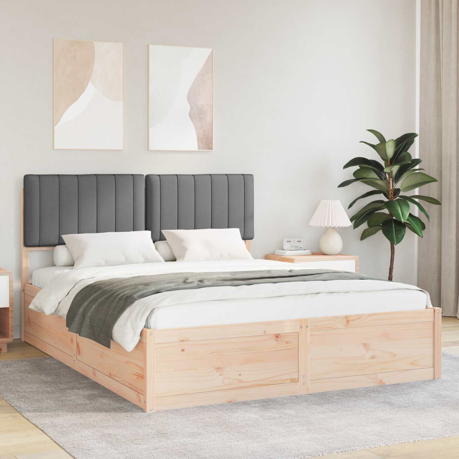 Queen Dark Grey Wooden Bed Frame with Soft Upholstered Headboard