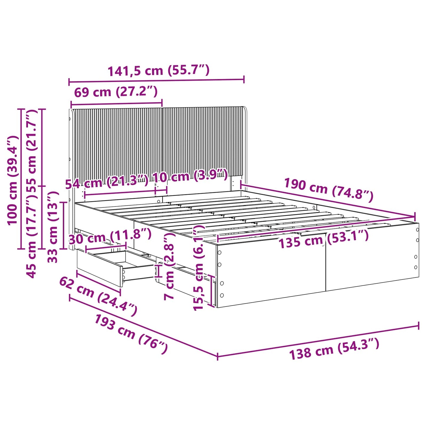 Bed Frame Storage Brown 141.5 cm x 193 cm x 100 cm