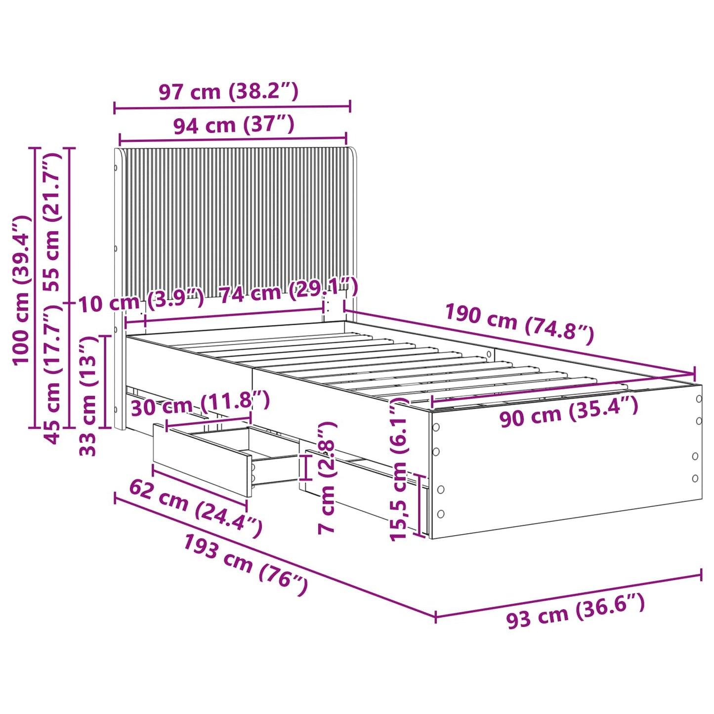 Bed Frame Storage Brown 97 cm x 193 cm x 100 cm