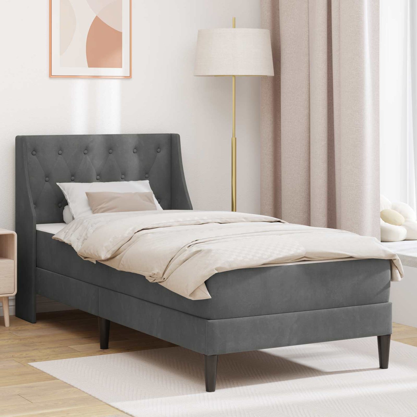 Single Bed Frame Dark Grey with Mattress Velvet Upholstered Plywood