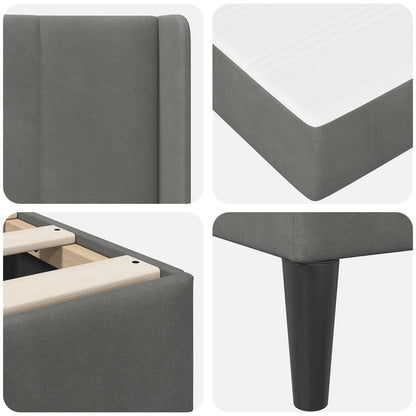 Single Bed Frame with Mattress Velvet Upholstered Plywood Slatted Foam Comfort Dark Grey