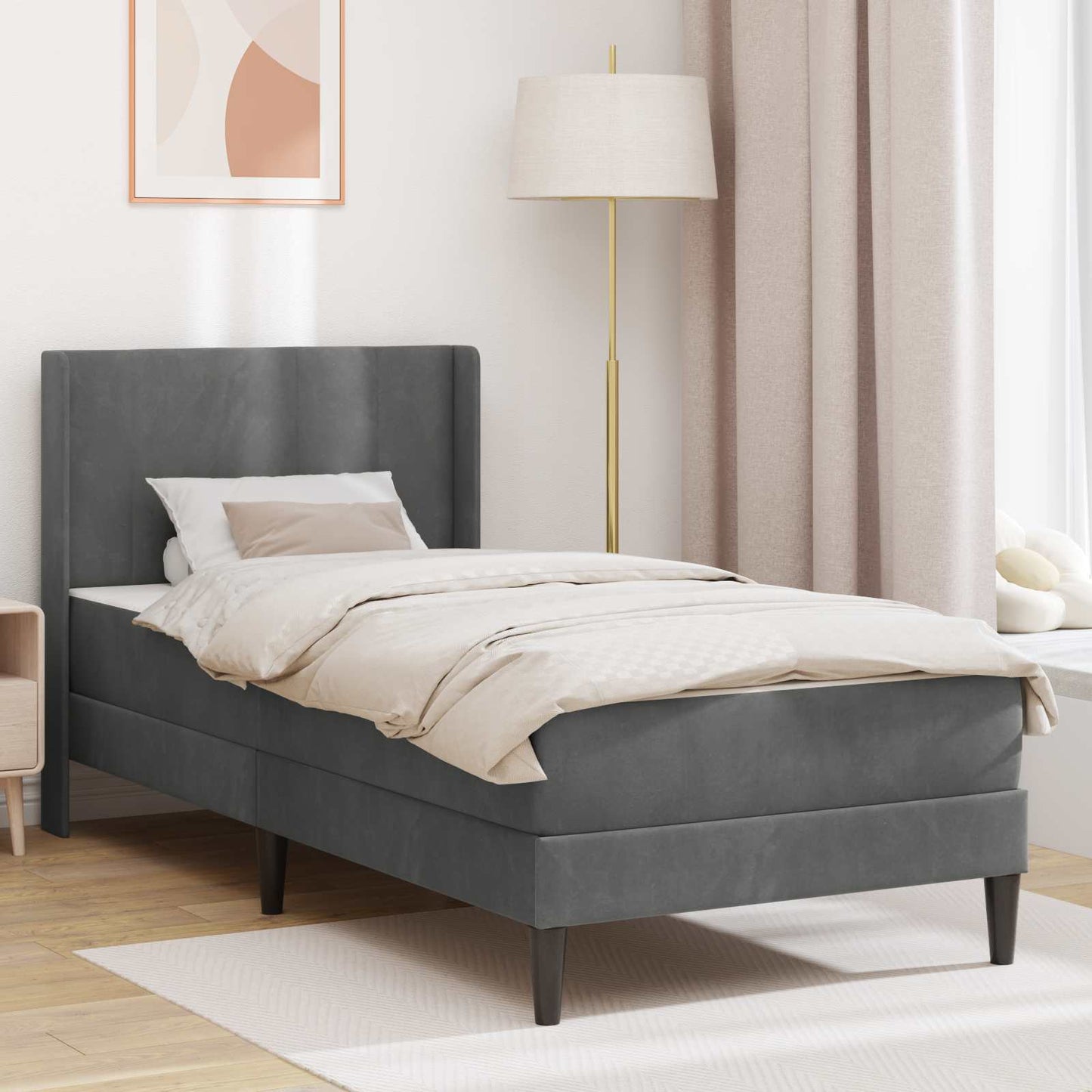 Single Bed Frame with Mattress Velvet Upholstered Plywood Slatted Foam Comfort Dark Grey