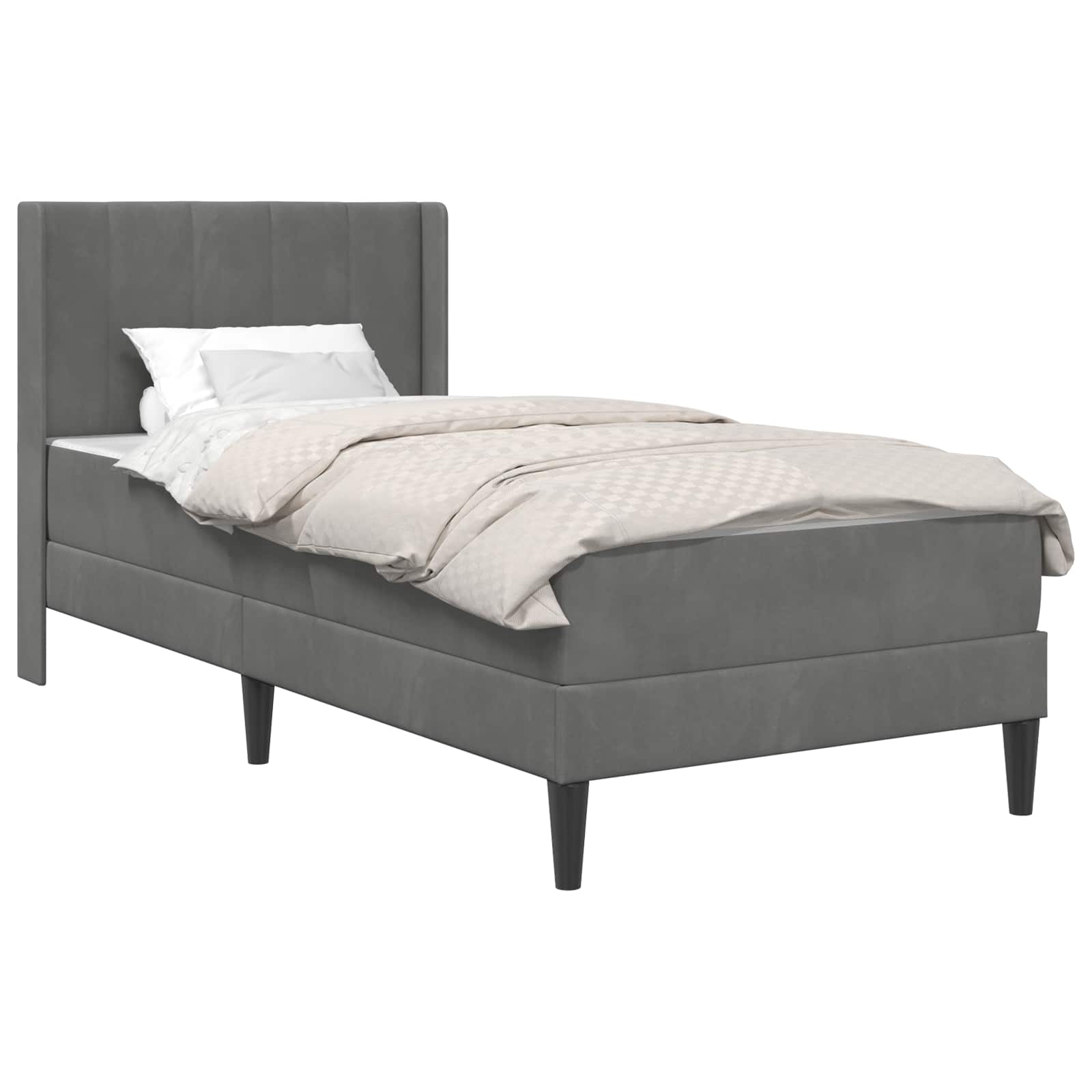 Single Bed Frame with Mattress Velvet Upholstered Plywood Slatted Foam Comfort Dark Grey