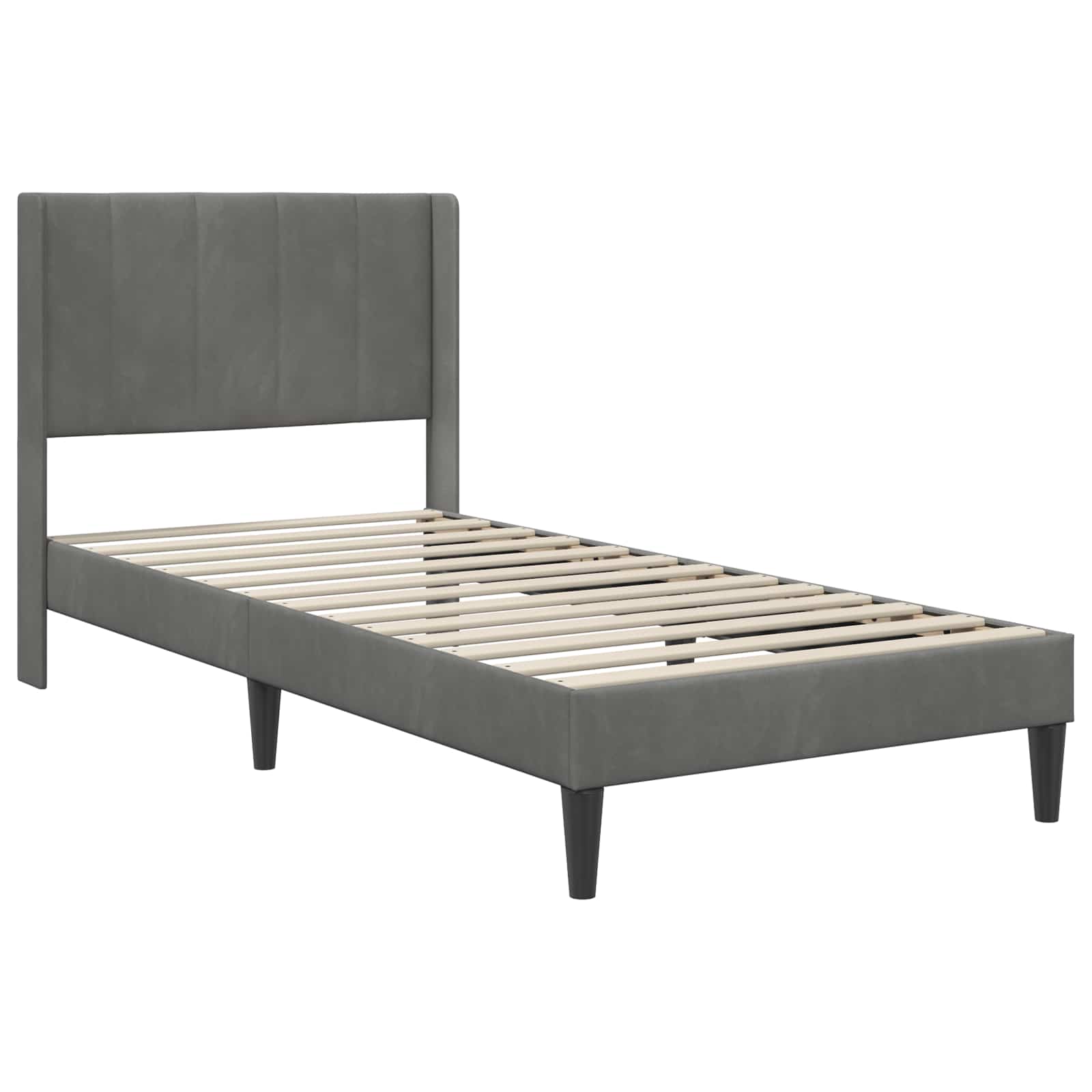 Single Bed Frame with Mattress Velvet Upholstered Plywood Slatted Foam Comfort Dark Grey