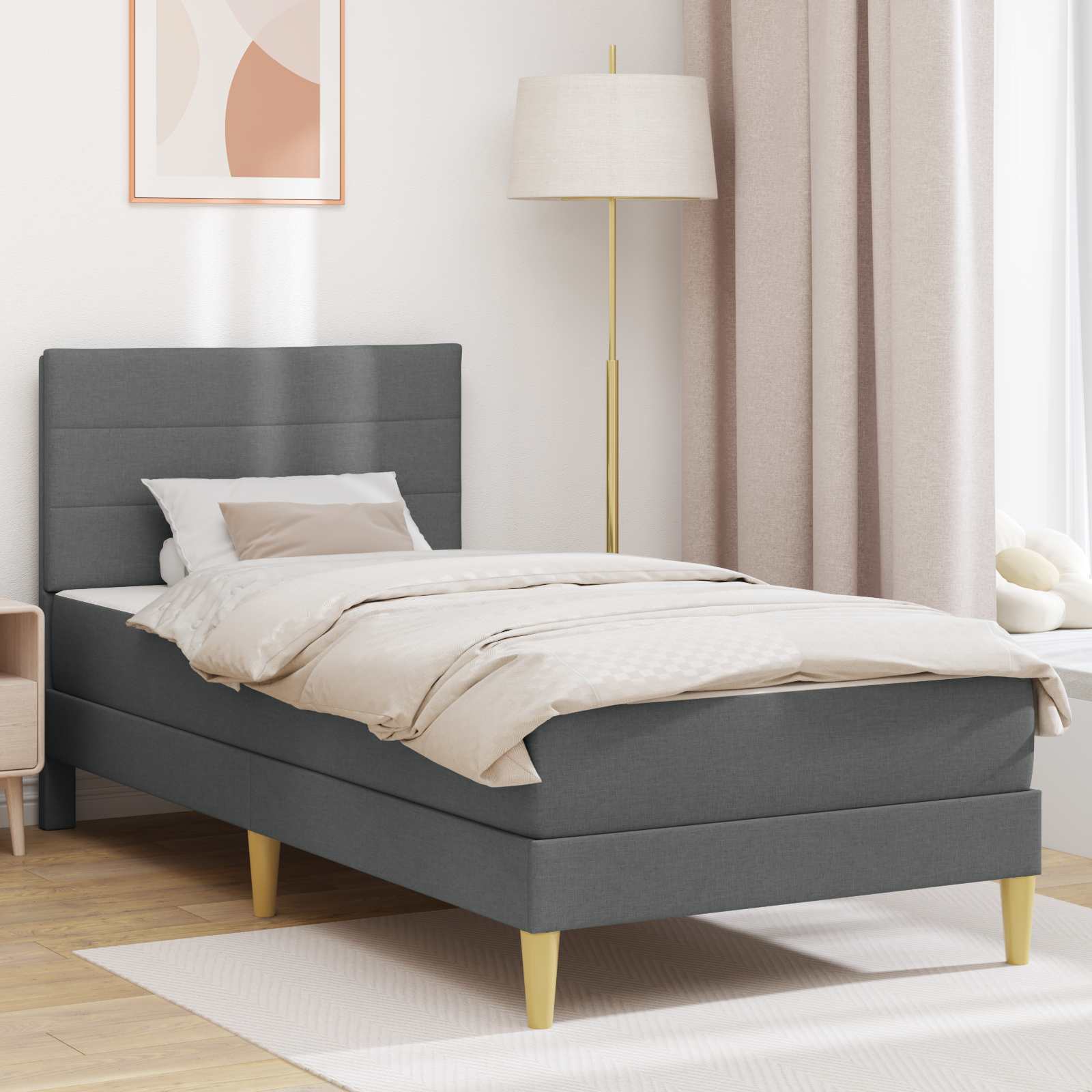 Single Bed Frame Dark Grey with Mattress Padded Headboard Polyester Upholstered Plywood