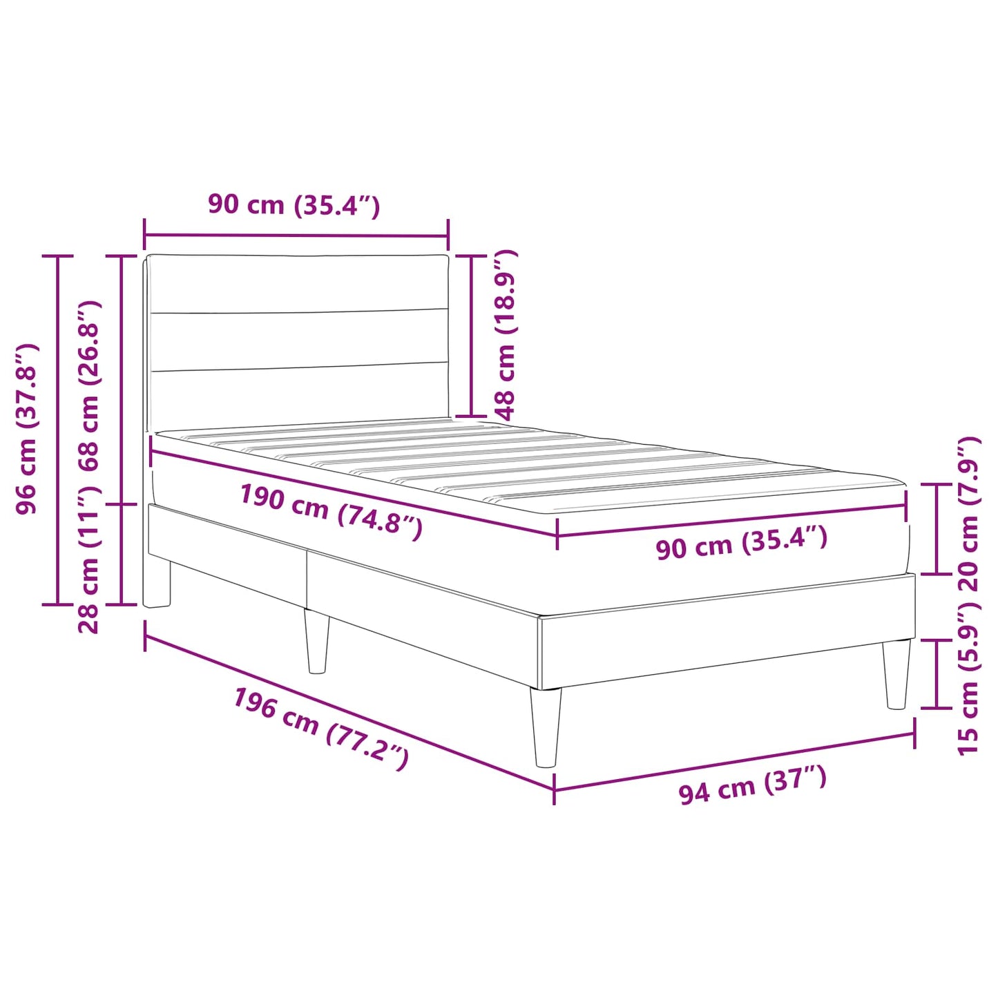 Single Bed Frame Dark Grey with Mattress Padded Headboard Polyester Upholstered Plywood