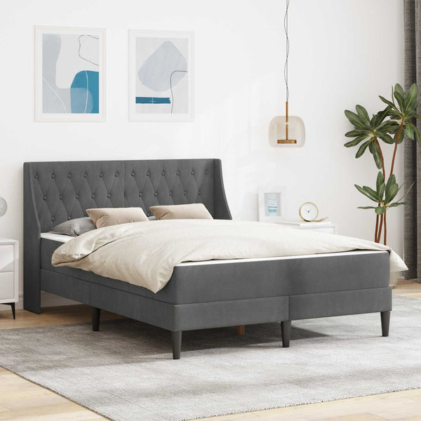  Small Dark Grey Velvet Bed Frame with Mattress Plywood Slatted Base