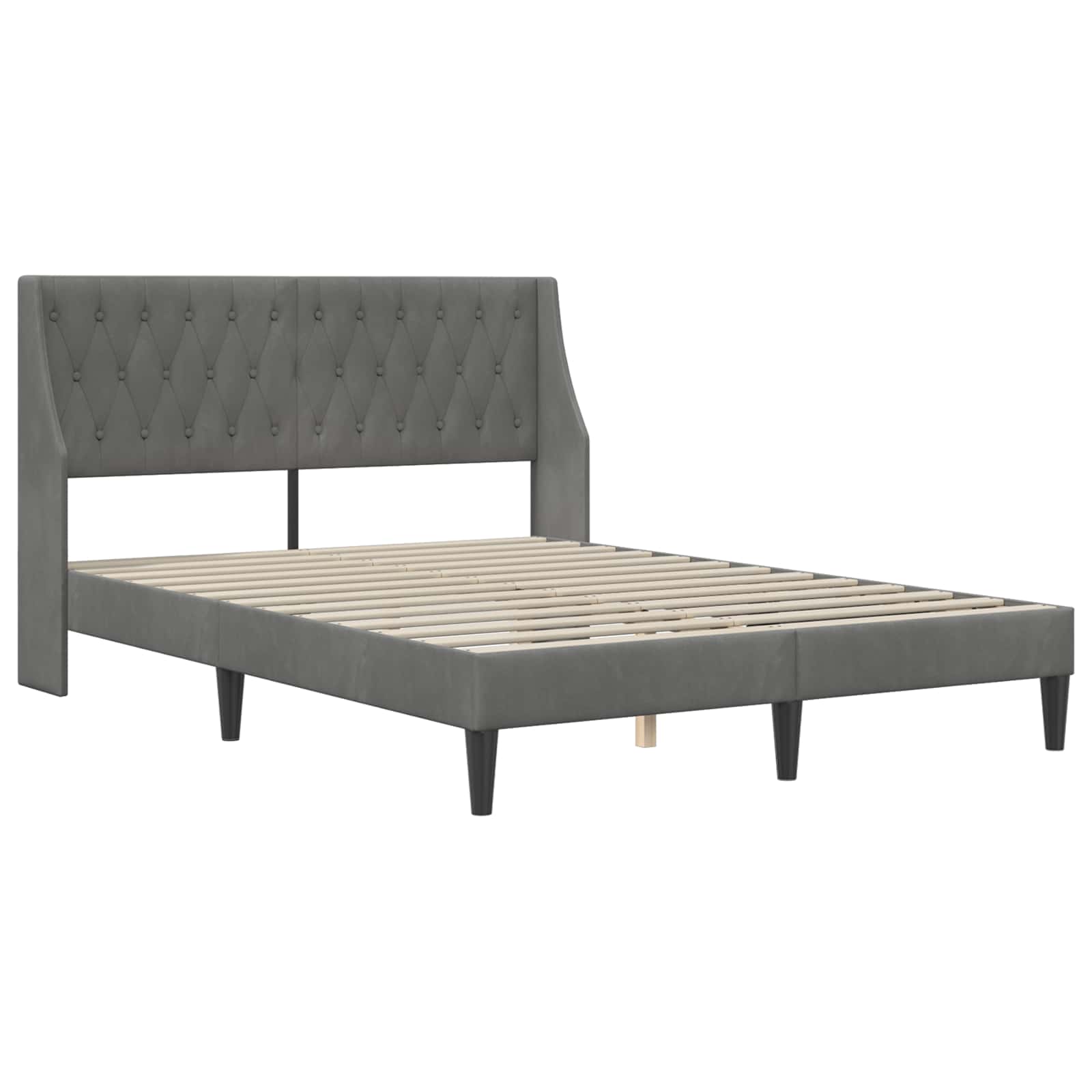 Small Dark Grey Velvet Bed Frame with Mattress Plywood Slatted Base