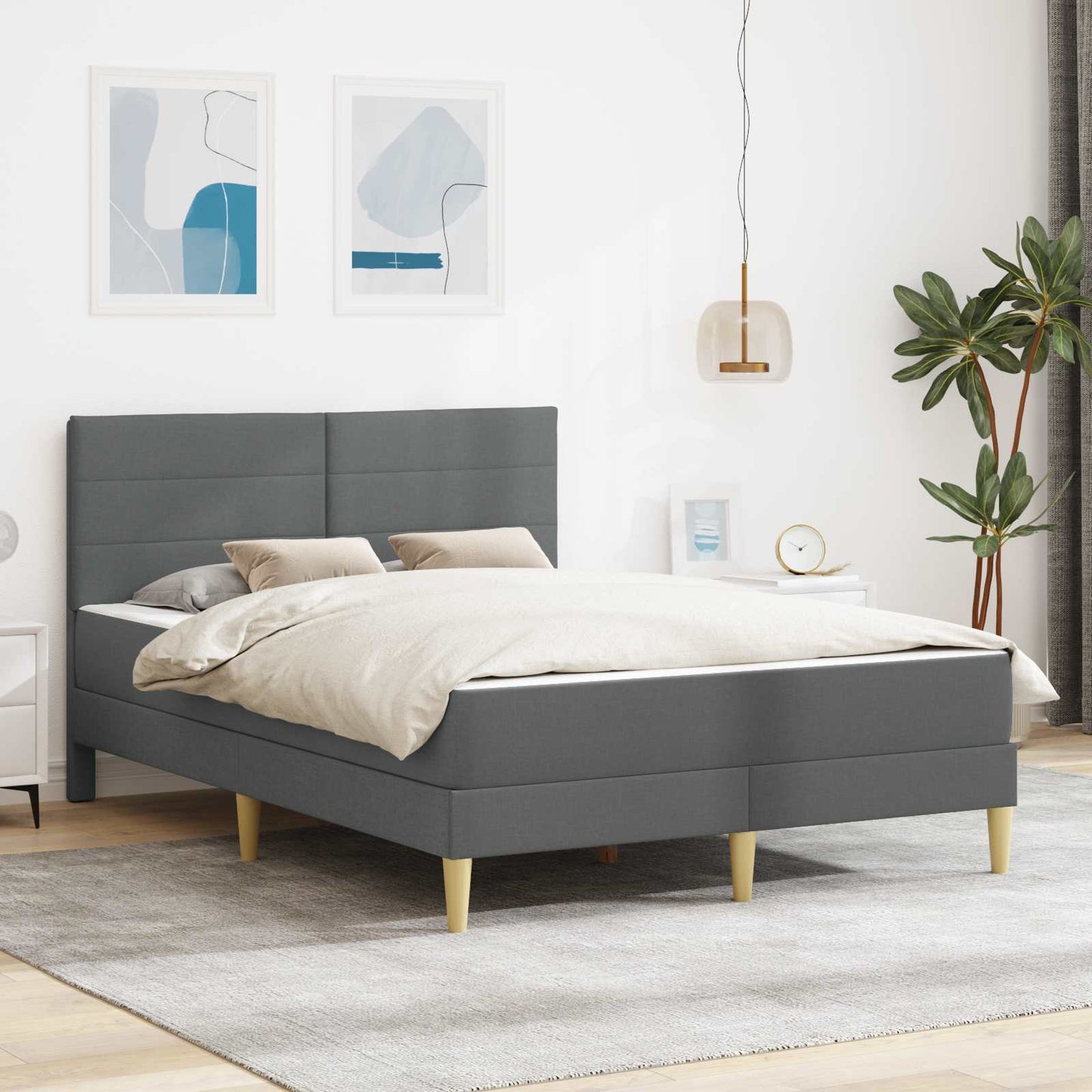 Dark Grey 2-Piece Bed Frame with Pocket Spring Mattress Fabric Headboard