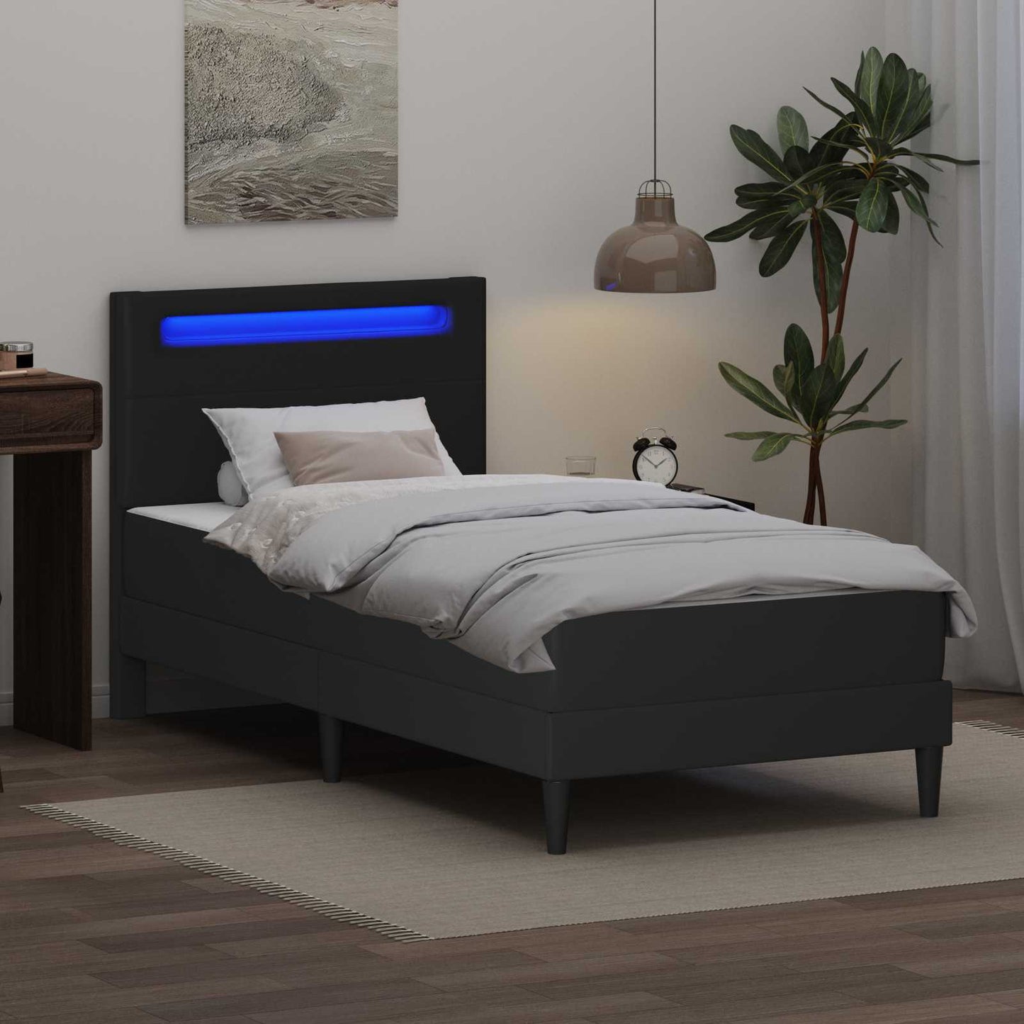 LED Bed Frame Black Faux Leather | HomeAndLiving