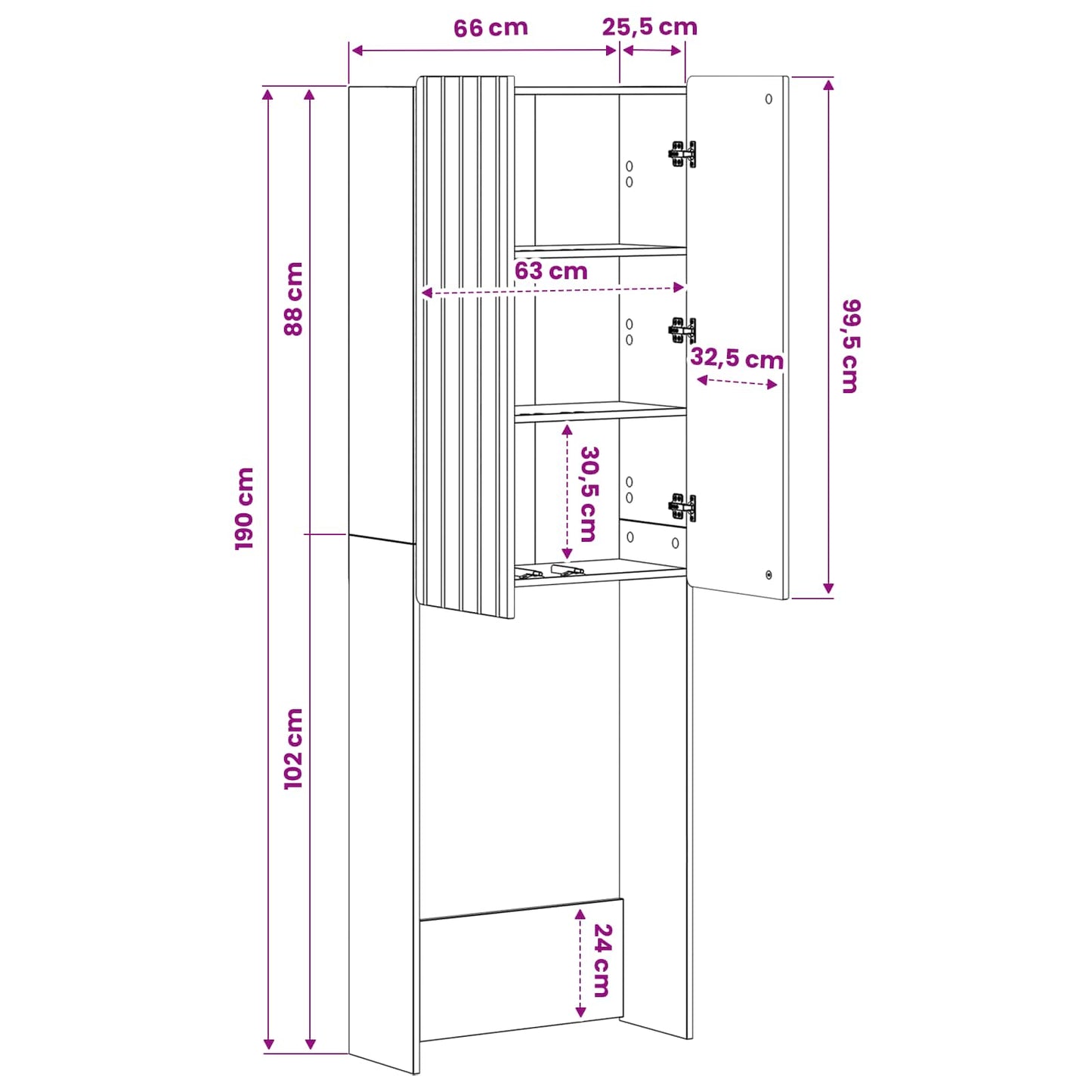 Bathroom Cabinet White Slimline 66 cm x 25.5 cm x 190 cm