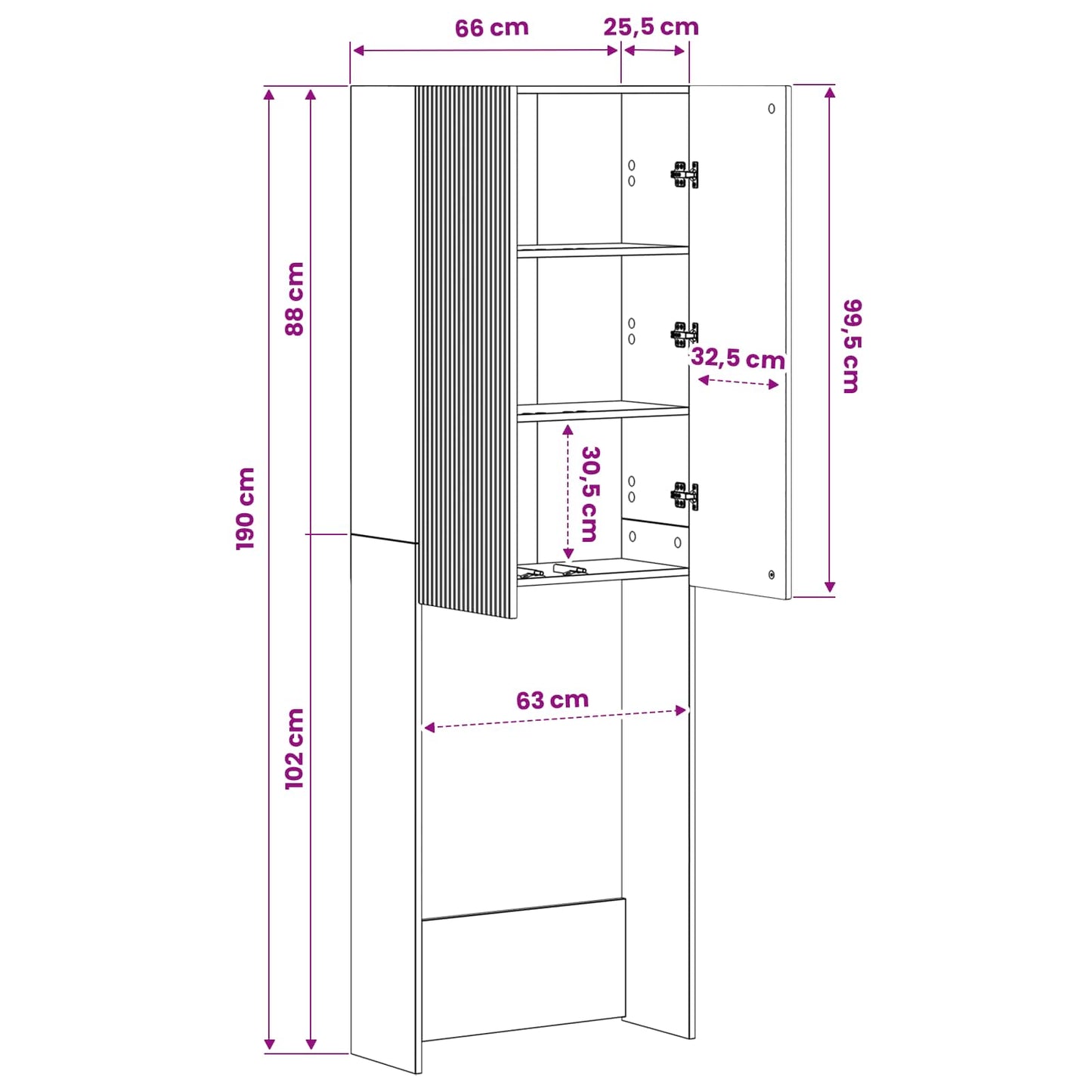 Bathroom Cabinet White Slim 66 cm x 25.5 cm x 190 cm