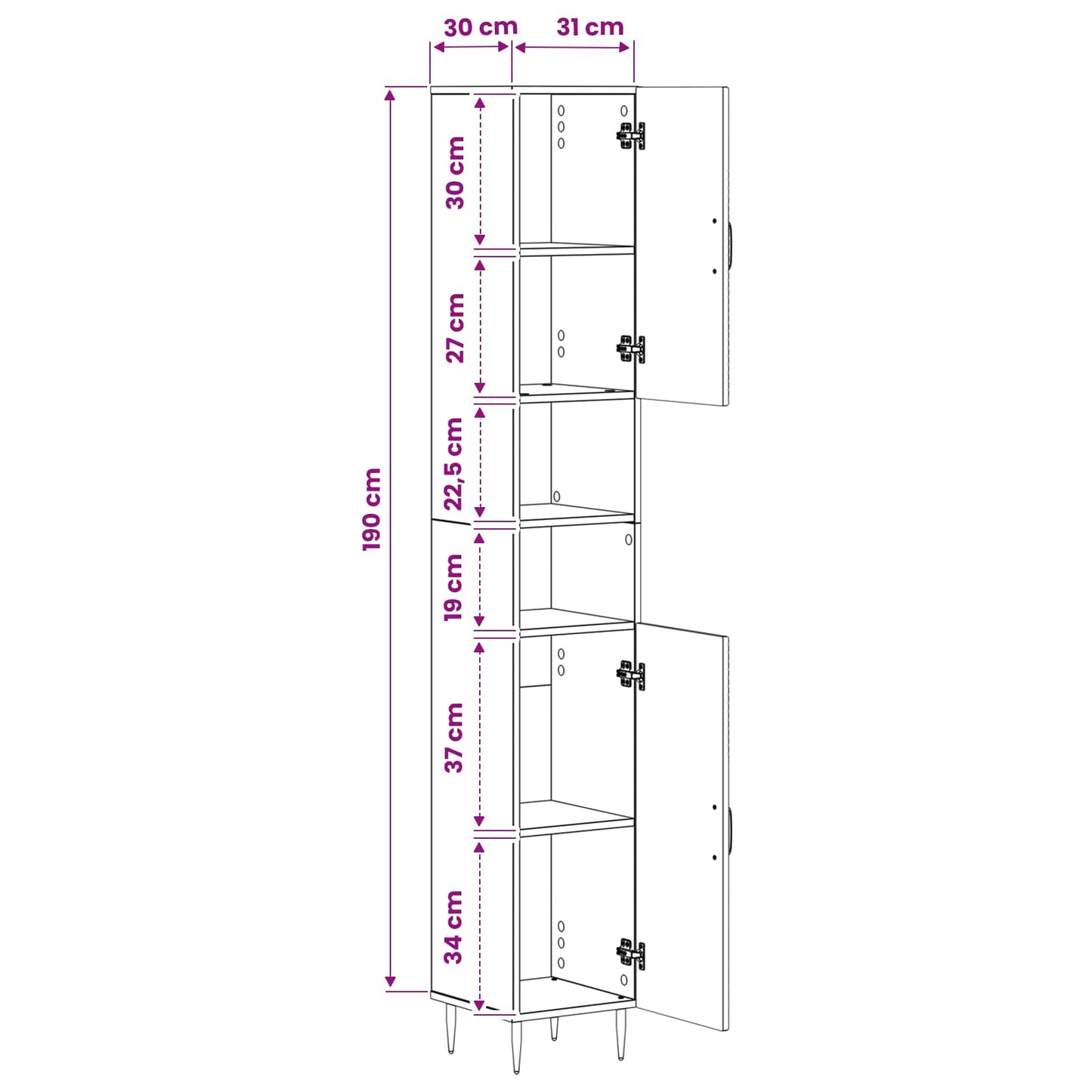 Bathroom Cabinet White Storage 30 cm x 31 cm x 190 cm