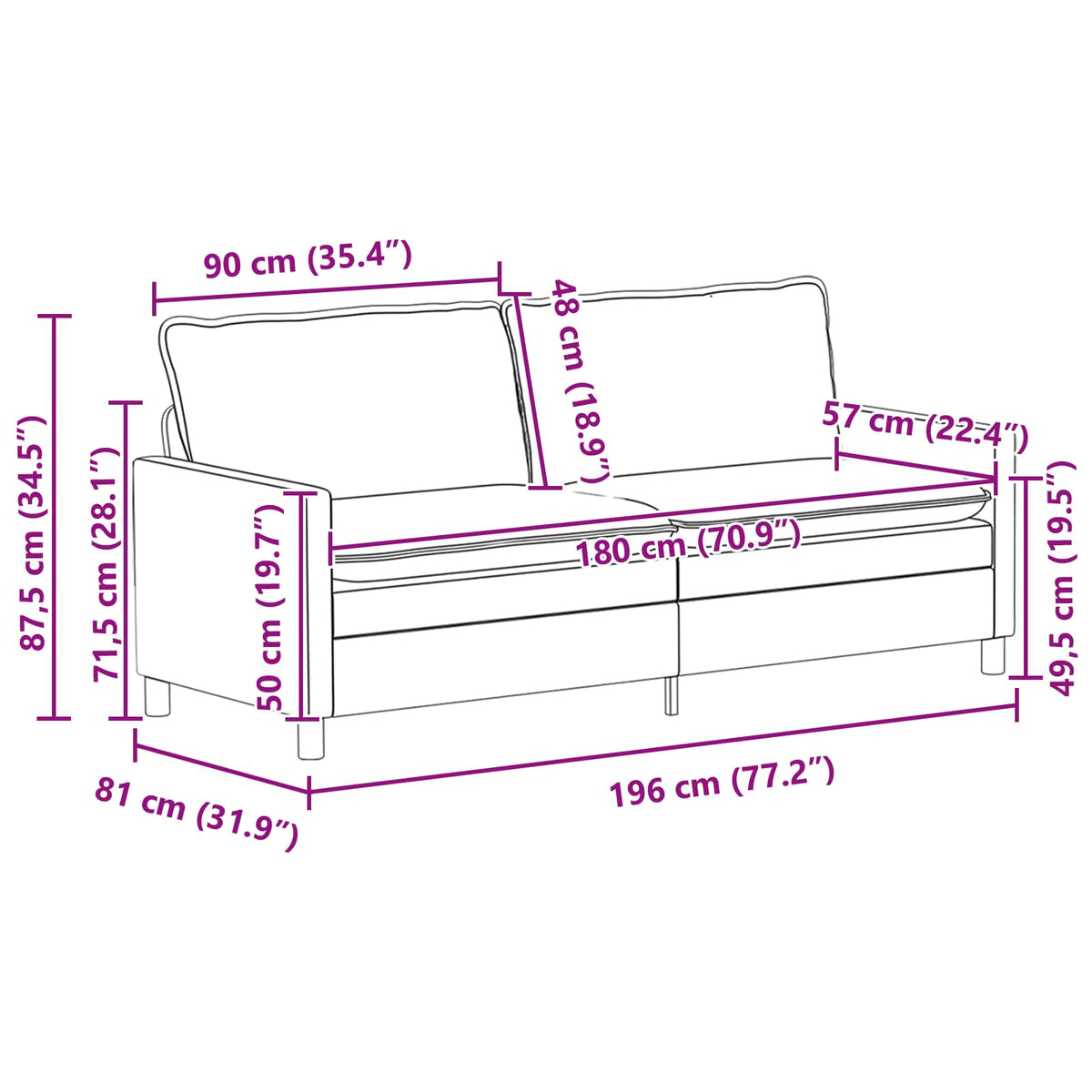 Grey Fabric Sofa Set 2 Piece 196x81x87.5cm