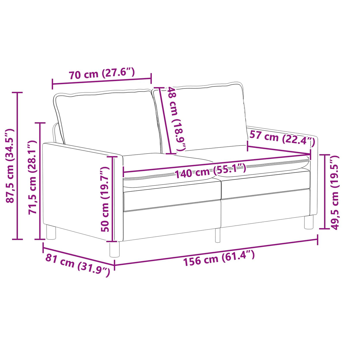 Grey Fabric Sofa Set 2 Piece 196x81x87.5cm
