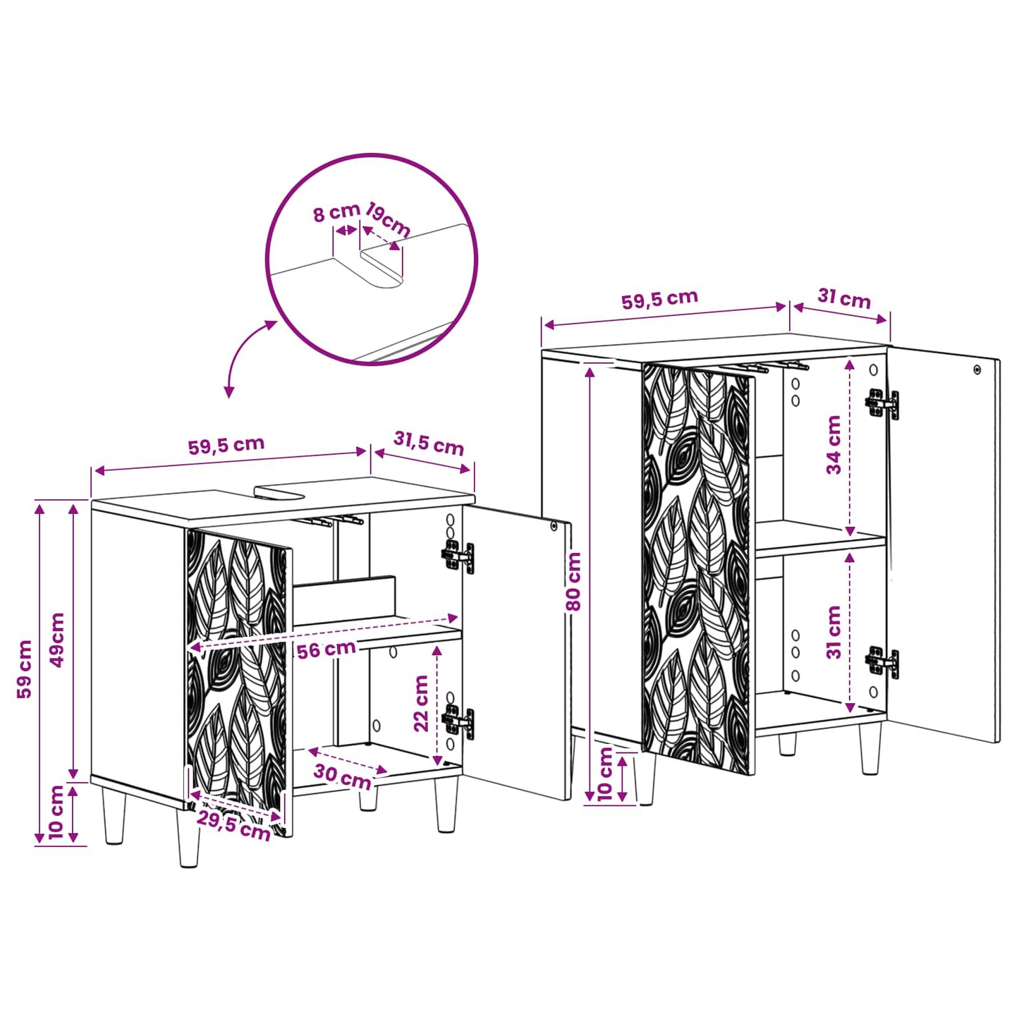 Bathroom Cabinet Set White Wood 59.5x31.5x59cm