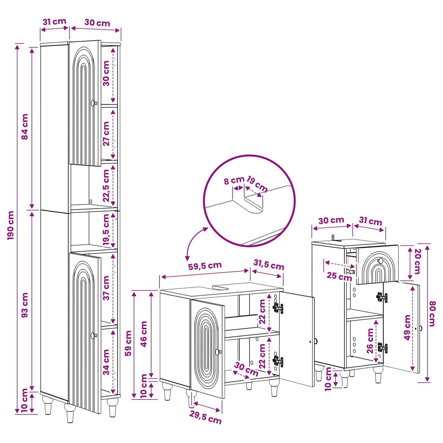 Bathroom Cabinet Set Engineered Wood 30x31x190cm