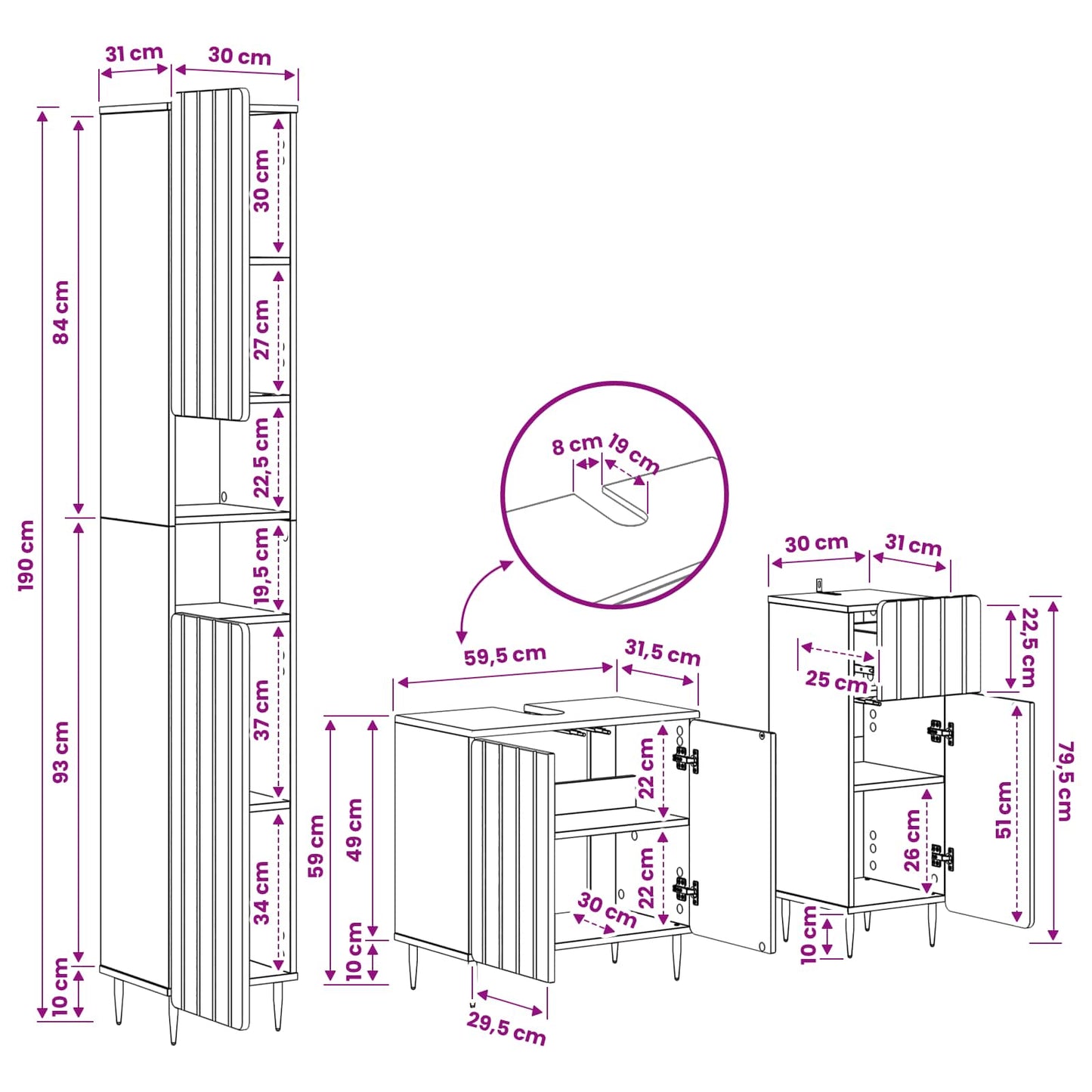 Bathroom Cabinet Engineered Wood Set 30x31x190cm