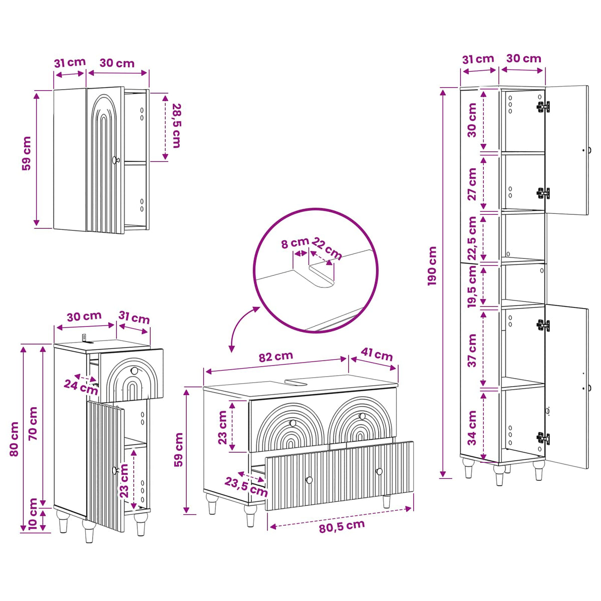 Bathroom Cabinet Set White Engineered 30x31x190cm