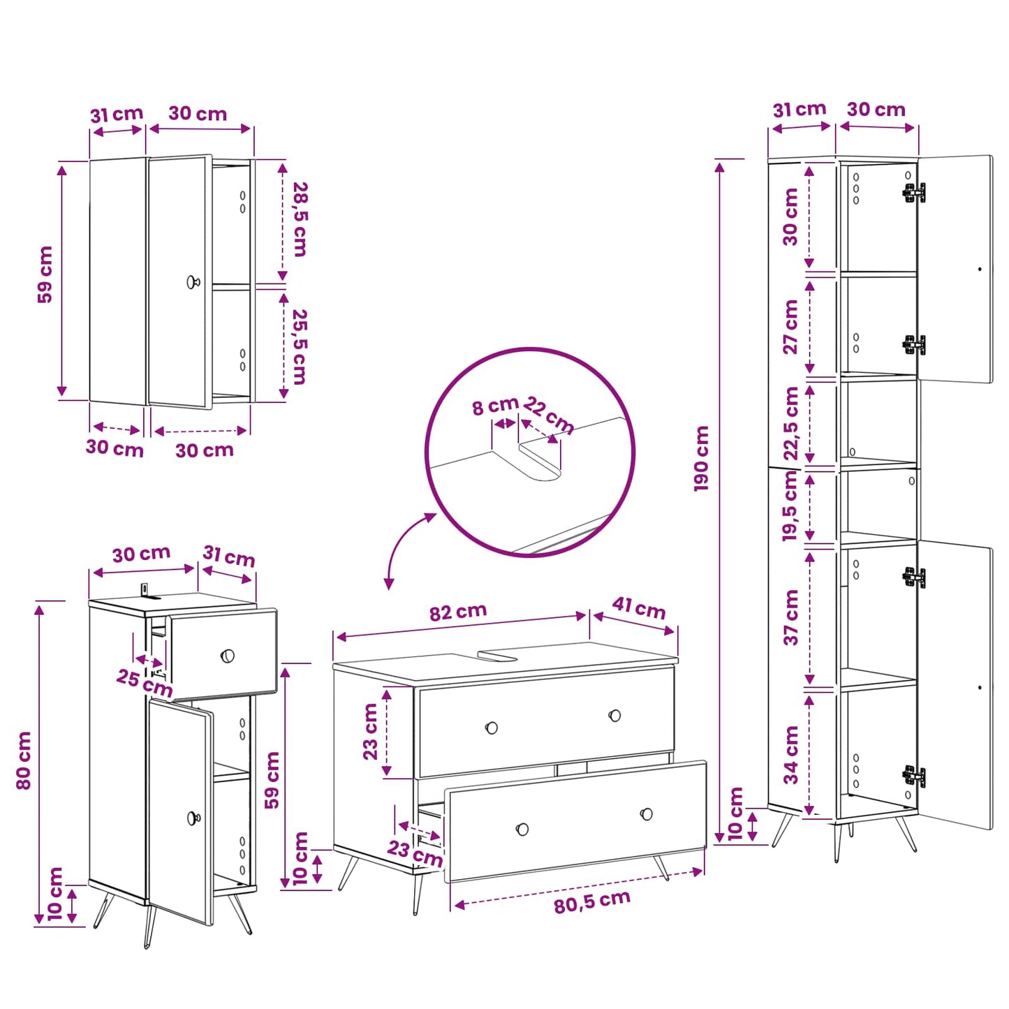 Bathroom Cabinet Set White Wood 30x31x190cm