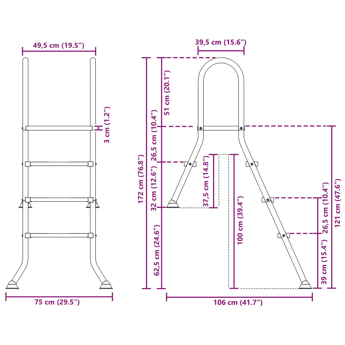 Pool Ladder Stainless Steel 3-Step 172x106cm