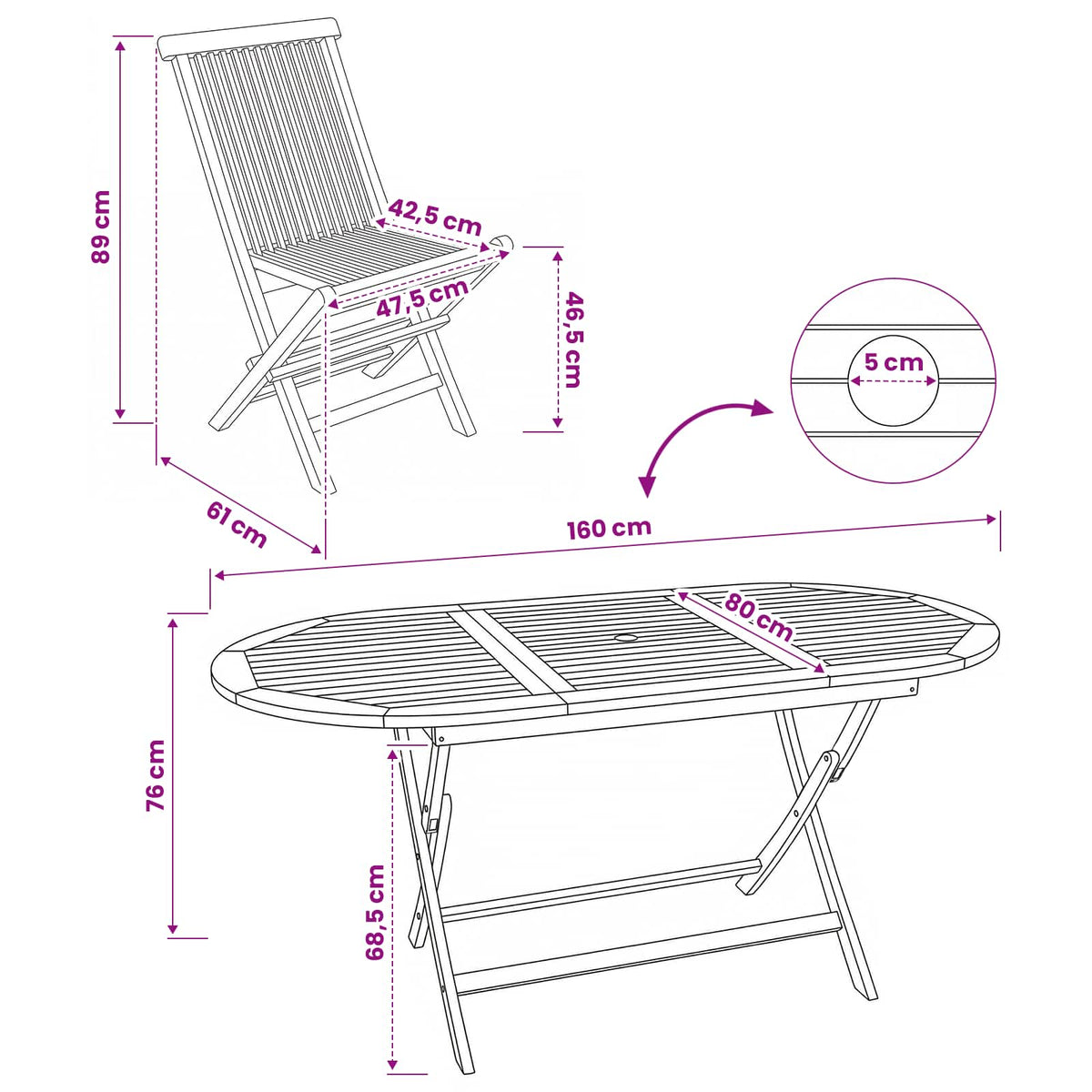 Teak Garden Furniture Set Natural 160x80x76cm