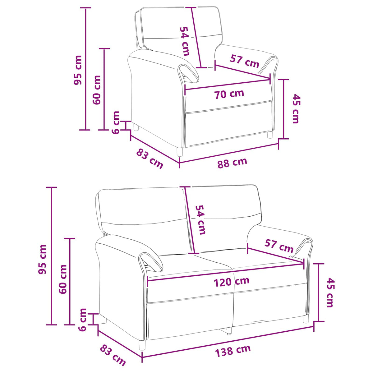 Grey Fabric Sofa Set 138x83x95cm