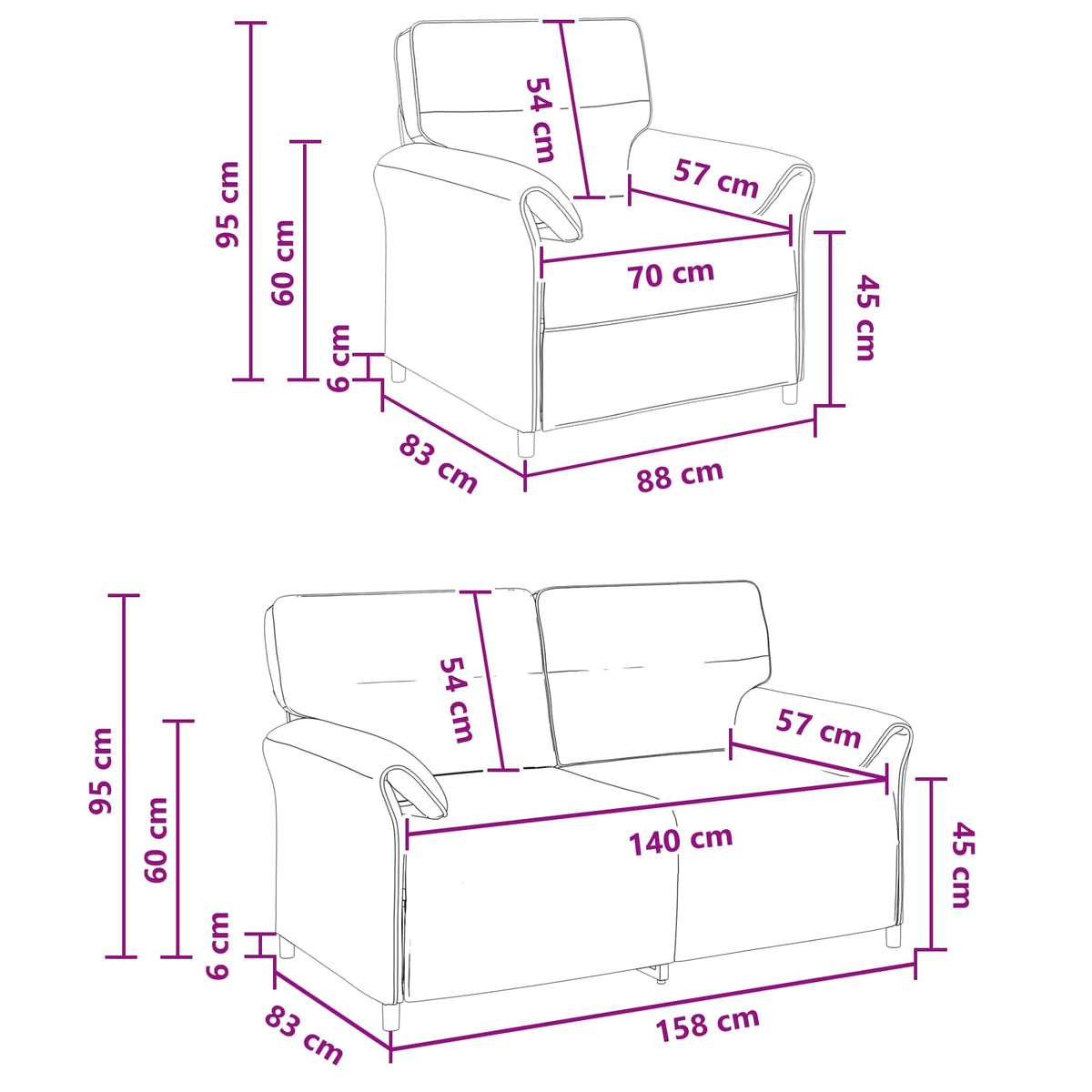 Grey Fabric Sofa Set 158x83x95cm