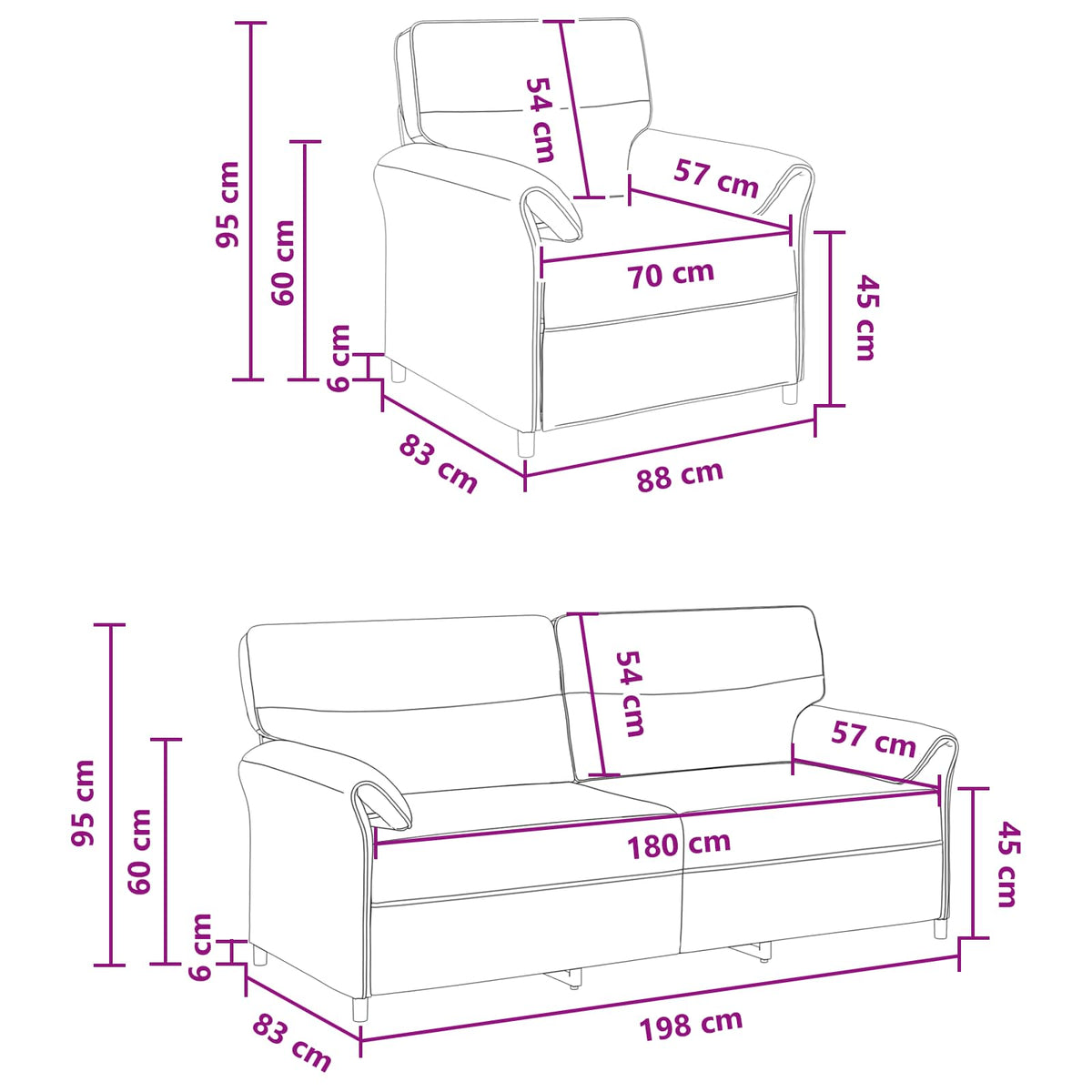 Grey Fabric Sofa Set 198x83x95cm