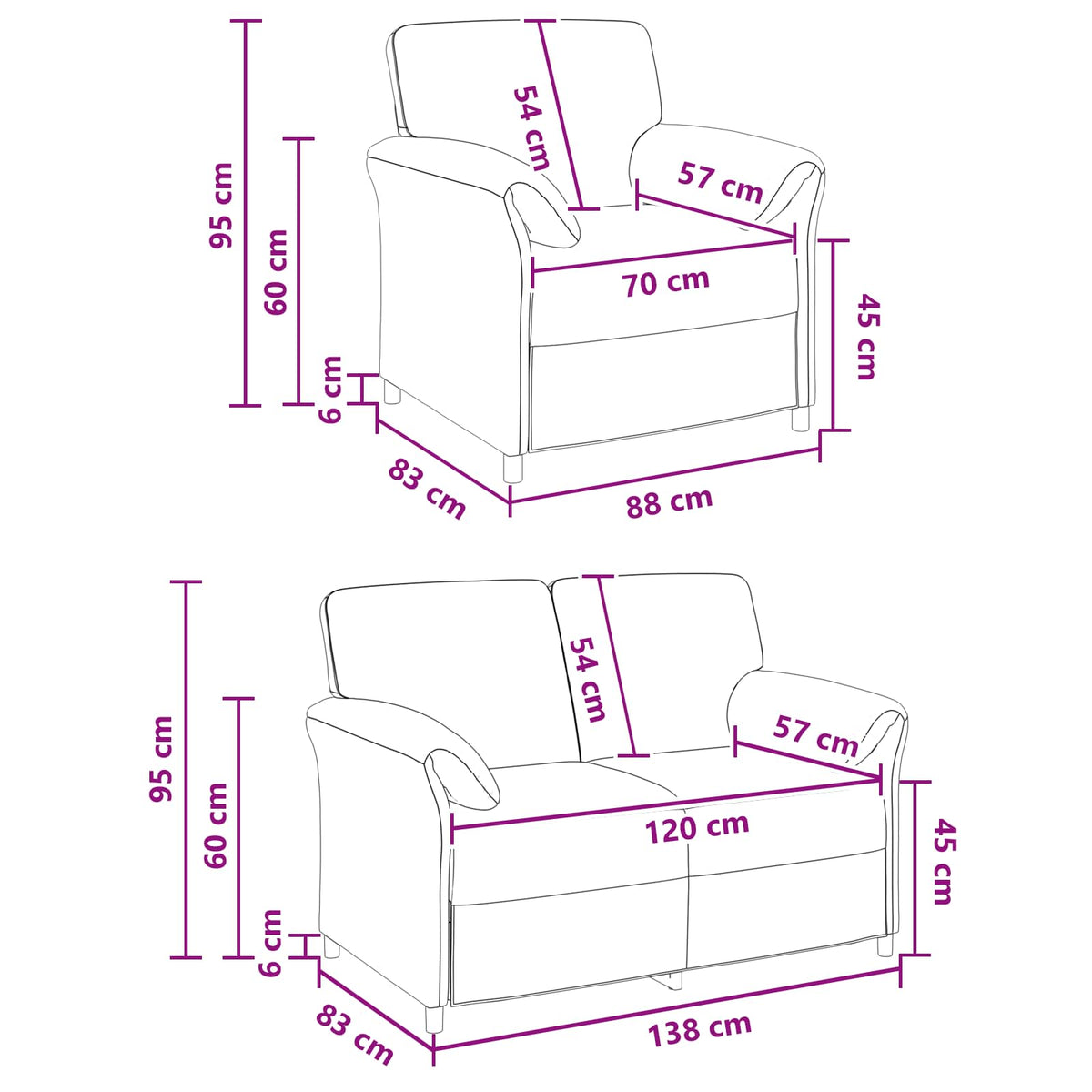 Black Velvet Sofa Set 2pc 138x83x95cm