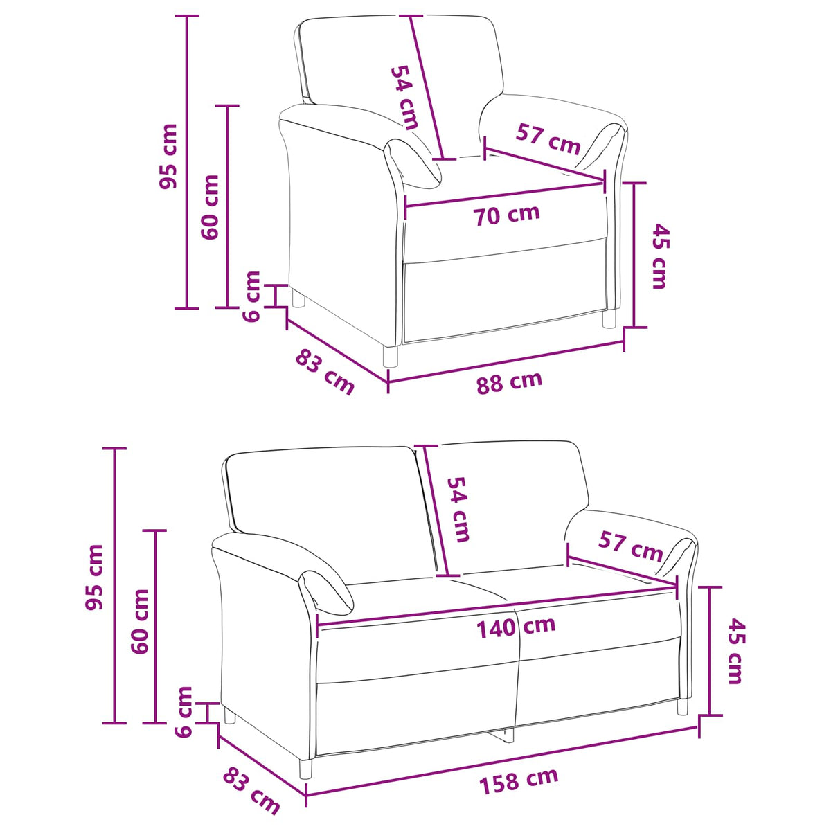 Black Velvet Sofa Set 158x83x95cm