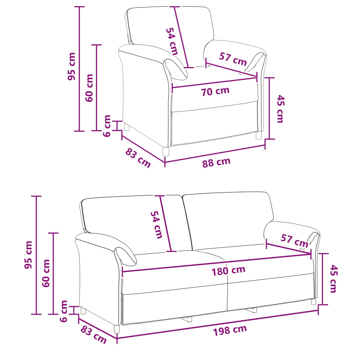 Black Velvet Sofa Set 198x83x95cm