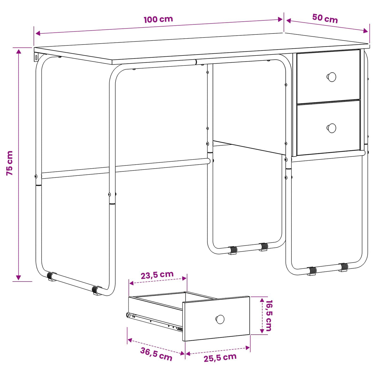 Office Desk Black Storage 100x50x75cm