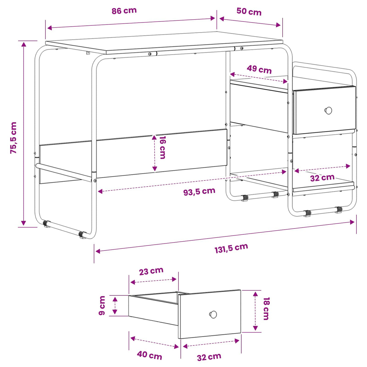 Office Desk With Storage 131.5x50x75.5cm