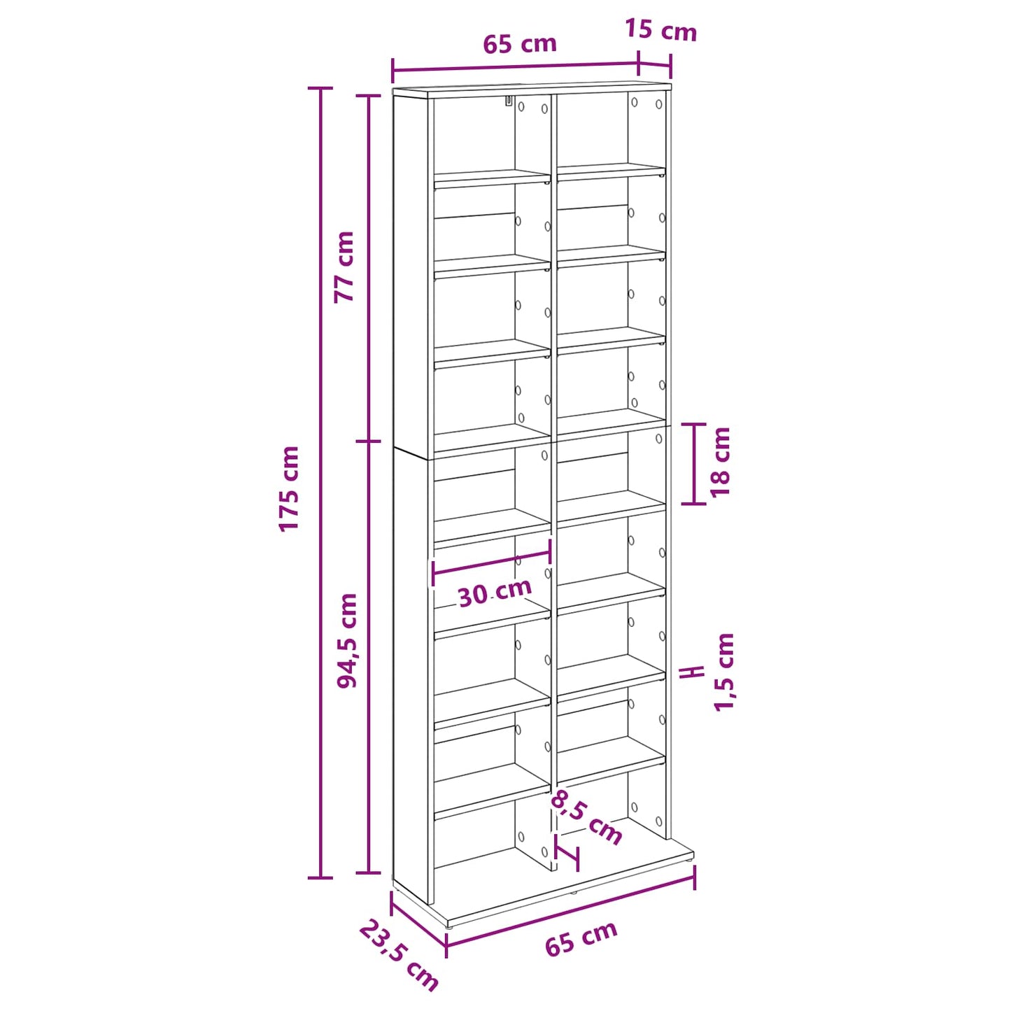 Media Cabinet White Engineered Wood 65 cm x 23.5 cm x 175 cm